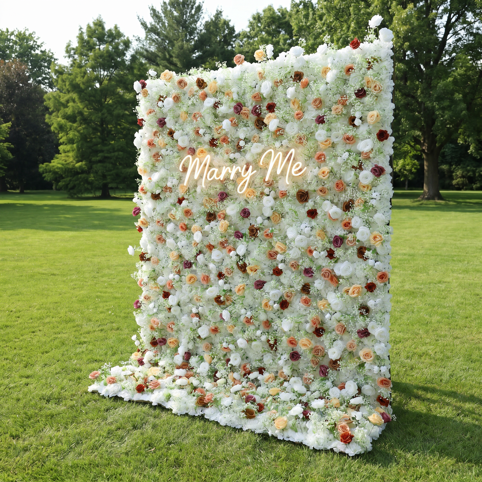 ValarFlower Ivory White Artificial Flower Wall Backdrop, Elegant Wedding Decor with Champagne Rose Accents VF-682