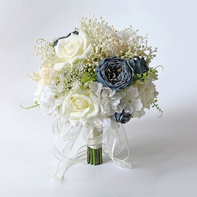 ValarFlower Artificial Bridal Bouquet, Elegant Silk Flower Wedding Bouquet with Ribbon, Romantic Handheld Floral Arrangement VB-323