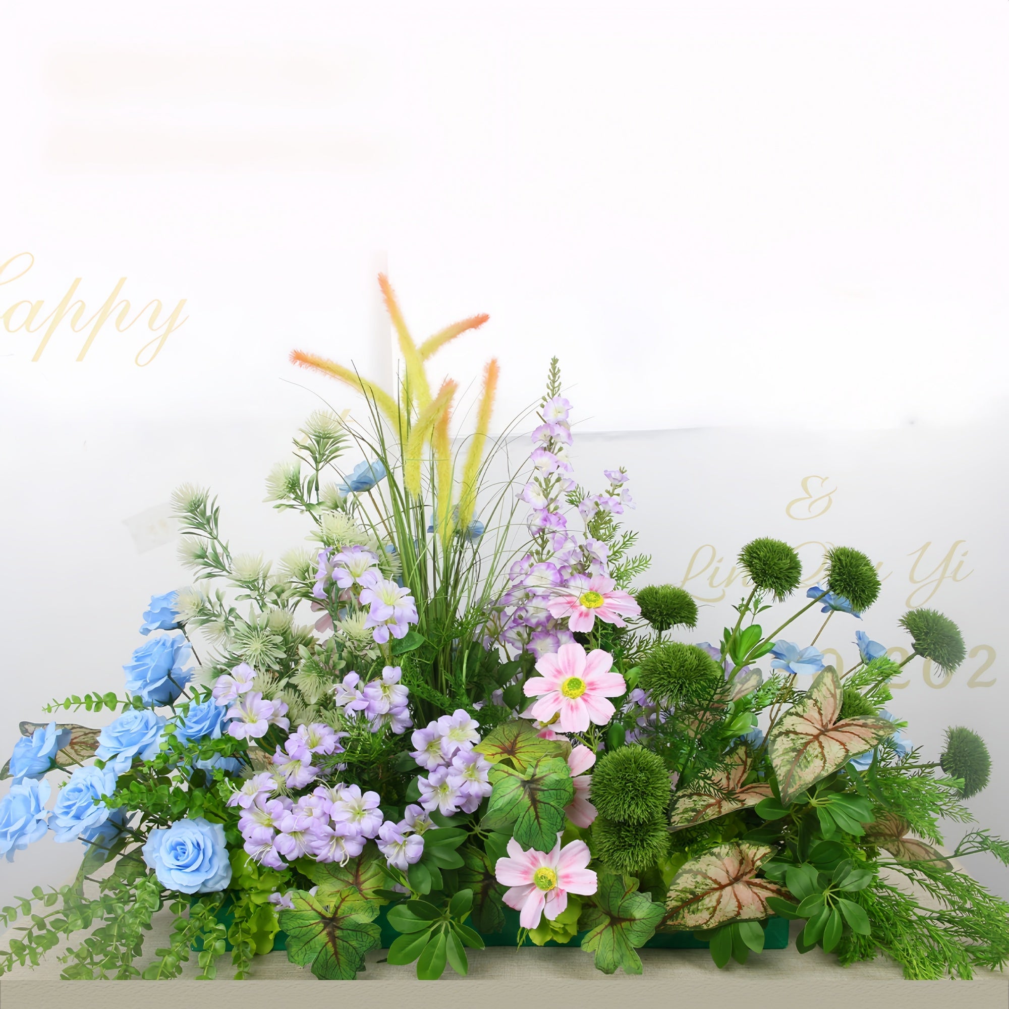 Configuración de flores artificiales inspiradas en la primavera – Conjunto de flores artificiales azules y amarillas para eventos FA-264