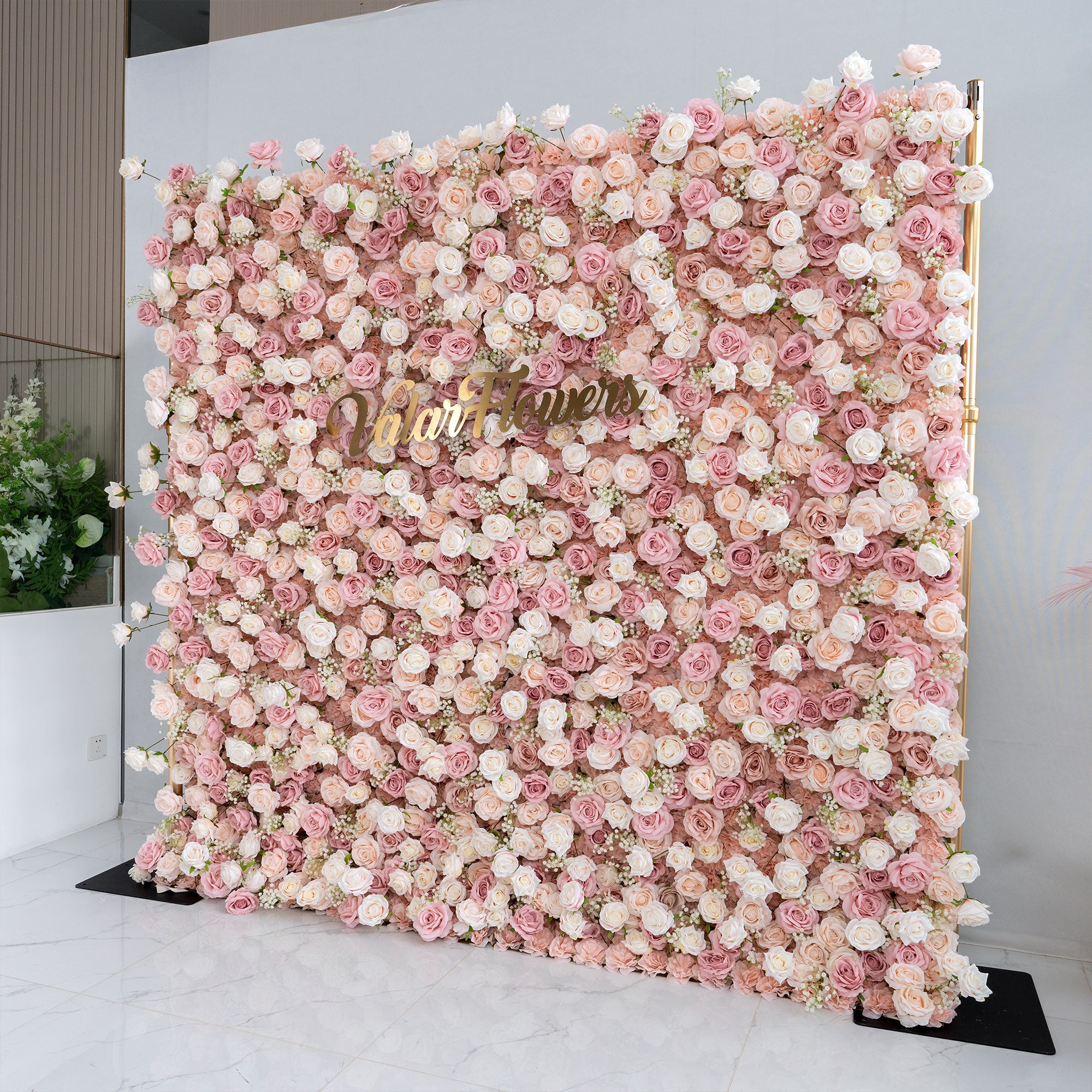 ValarFlower 3D Roll Up Artificial Pink & White Flower Wall Backdrop For Wedding and Event Decoration VF-535