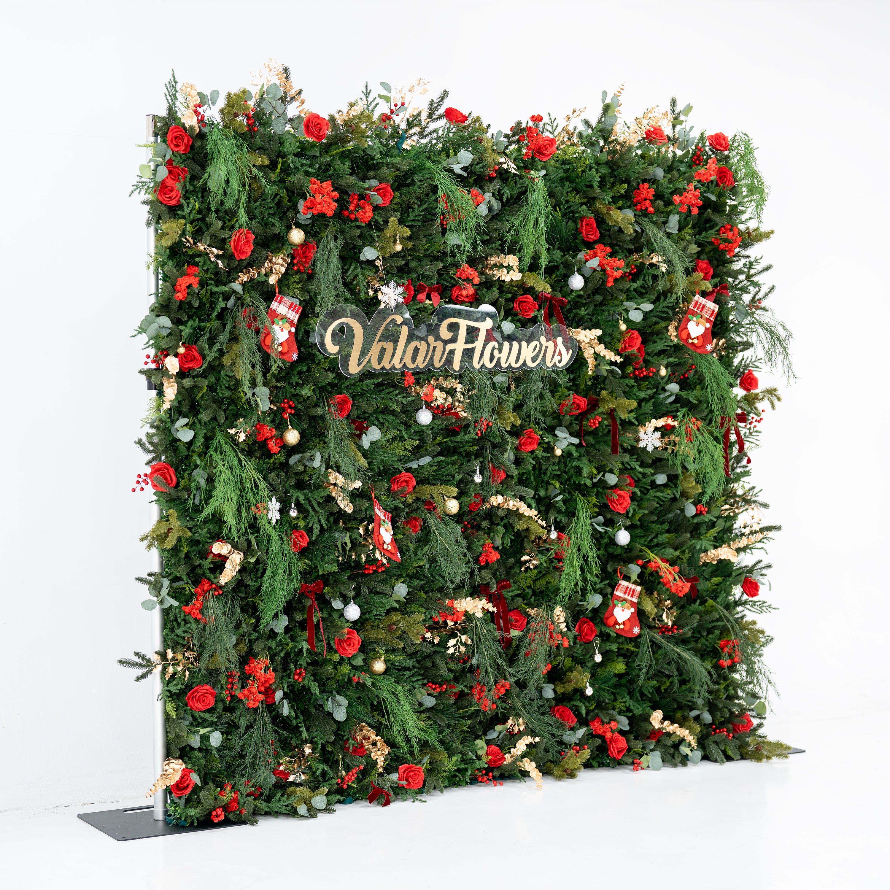 Valar Flower Christmas Themed Floral Wall Backdrop: Festive Evergreen & Red Rose Masterpiece for Holiday Events & Decor-VF-491-2