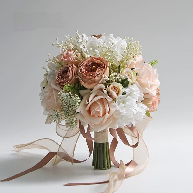 ValarFlower Artificial Bridal Bouquet, Elegant Silk Flower Wedding Bouquet with Ribbon, Romantic Handheld Floral Arrangement VB-323