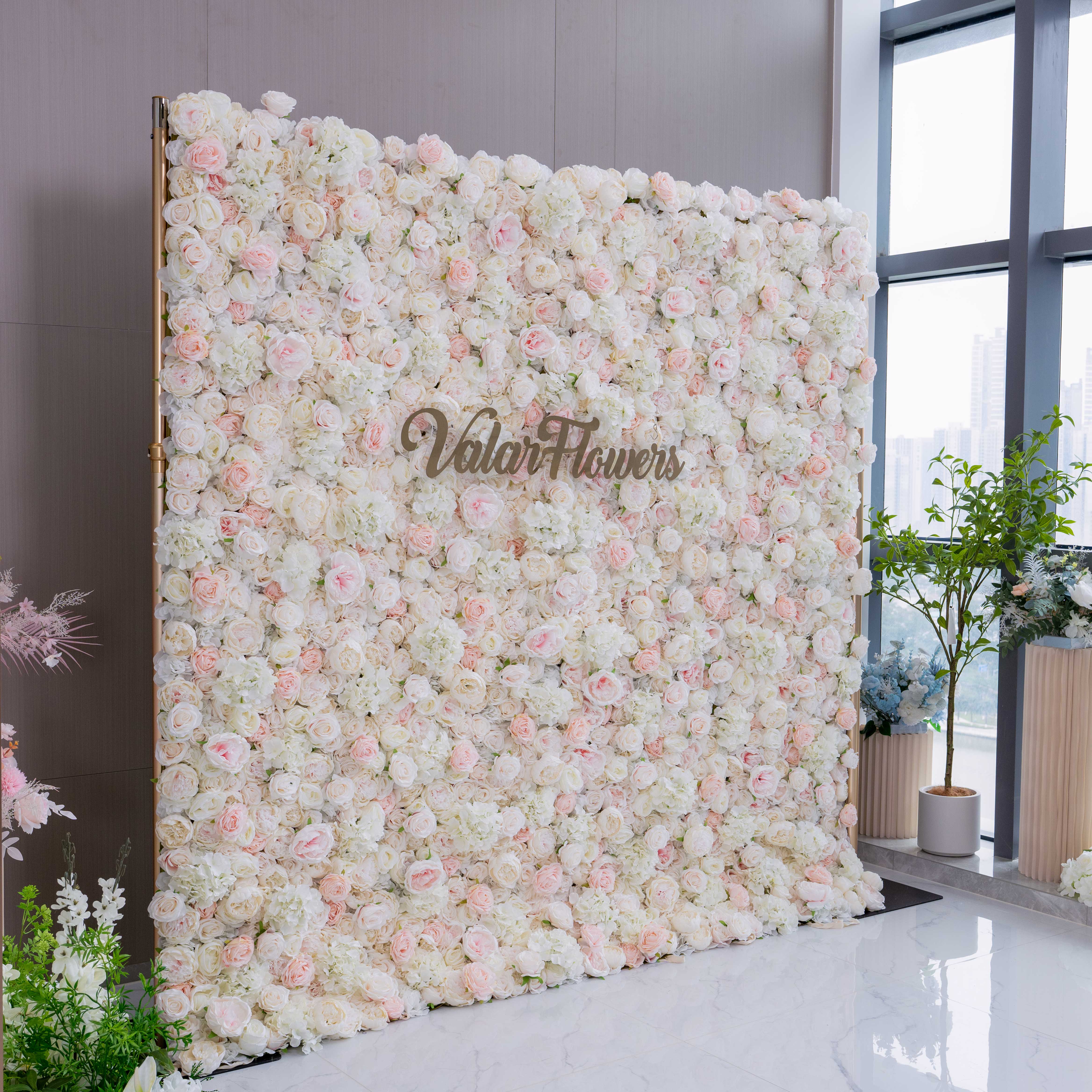 Valar Flower Roll Up Fabric Artificial Mixed White and Light Pink Rose Color Green Leaves Wall Wedding Backdrop, Floral Party Decor, Event Photography, Spa Decor-VF-090-2