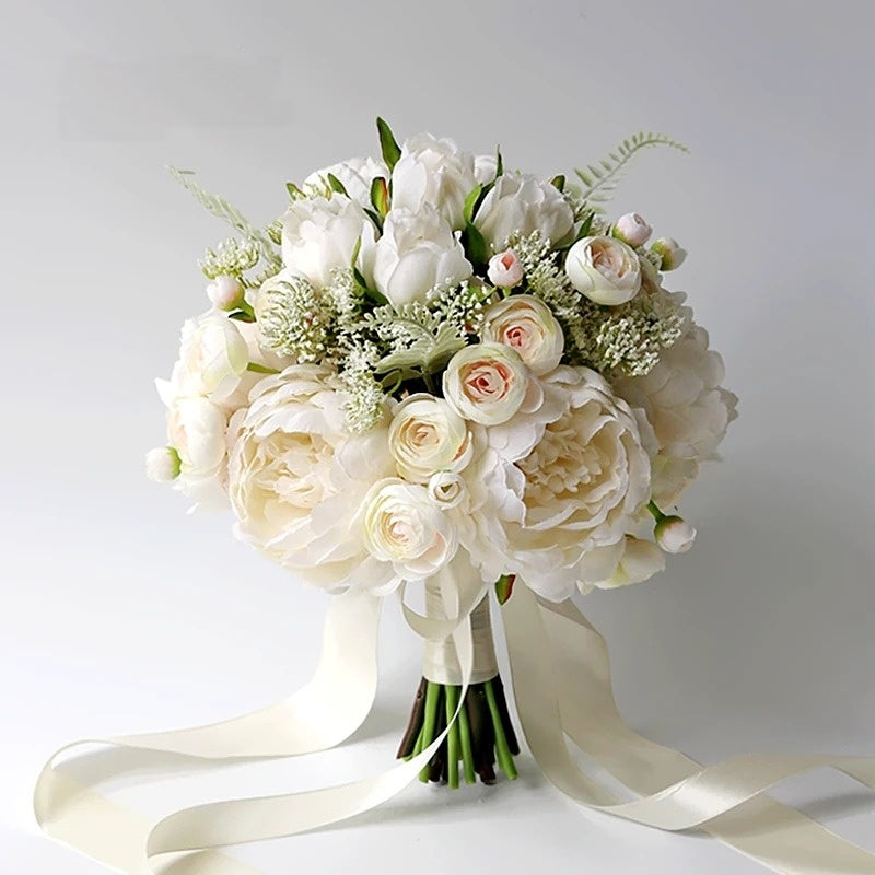 ValarFlower Artificial Bridal Bouquet, Elegant Silk Flower Wedding Bouquet with Ribbon, Romantic Handheld Floral Arrangement VB-323