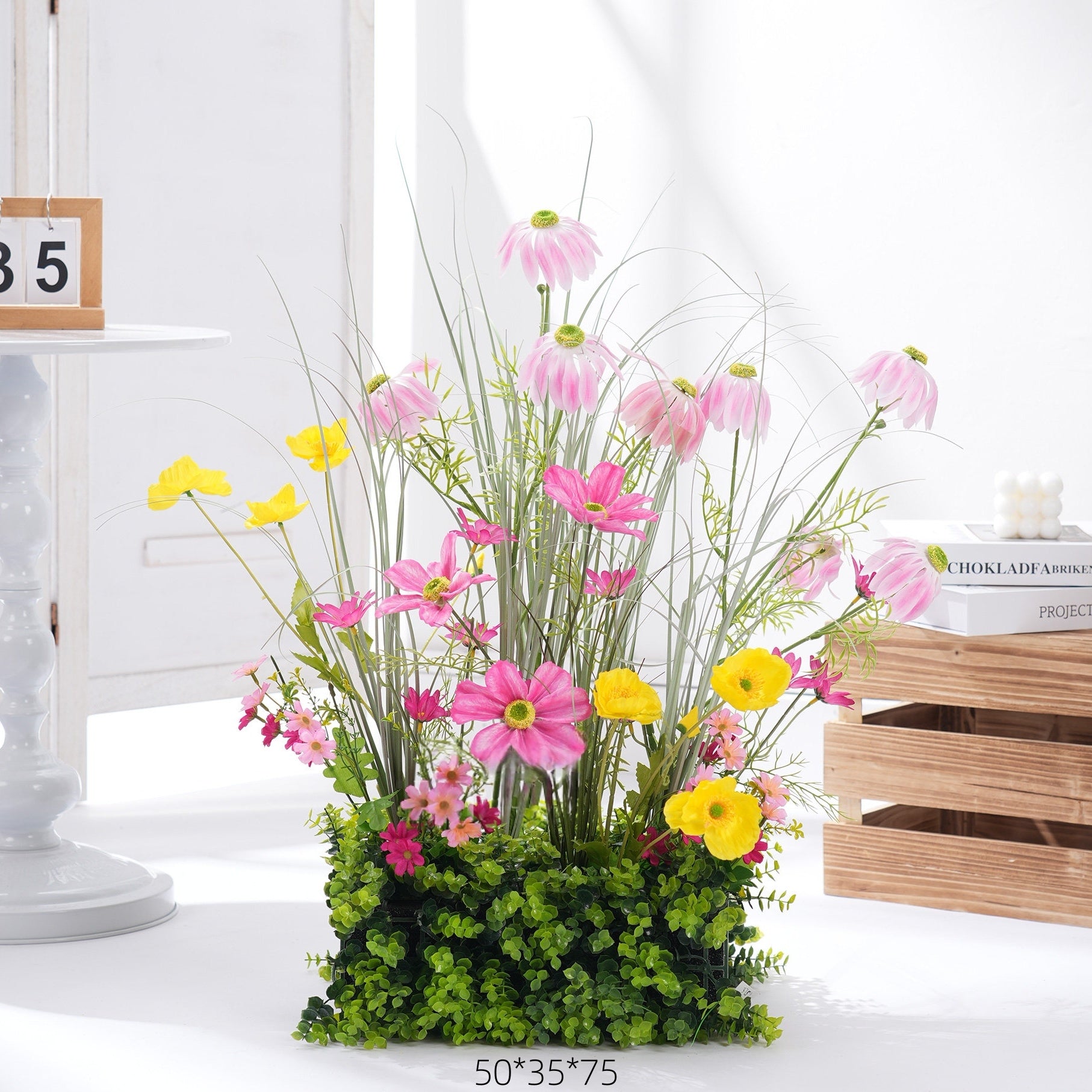 Configuración de flores artificiales inspiradas en la primavera – Conjunto de flores artificiales azules y amarillas para eventos FA-264