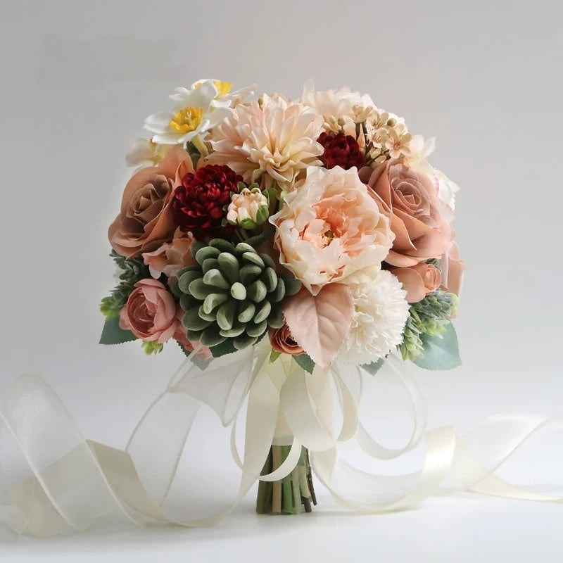 ValarFlower Artificial Bridal Bouquet, Elegant Silk Flower Wedding Bouquet with Ribbon, Romantic Handheld Floral Arrangement VB-323