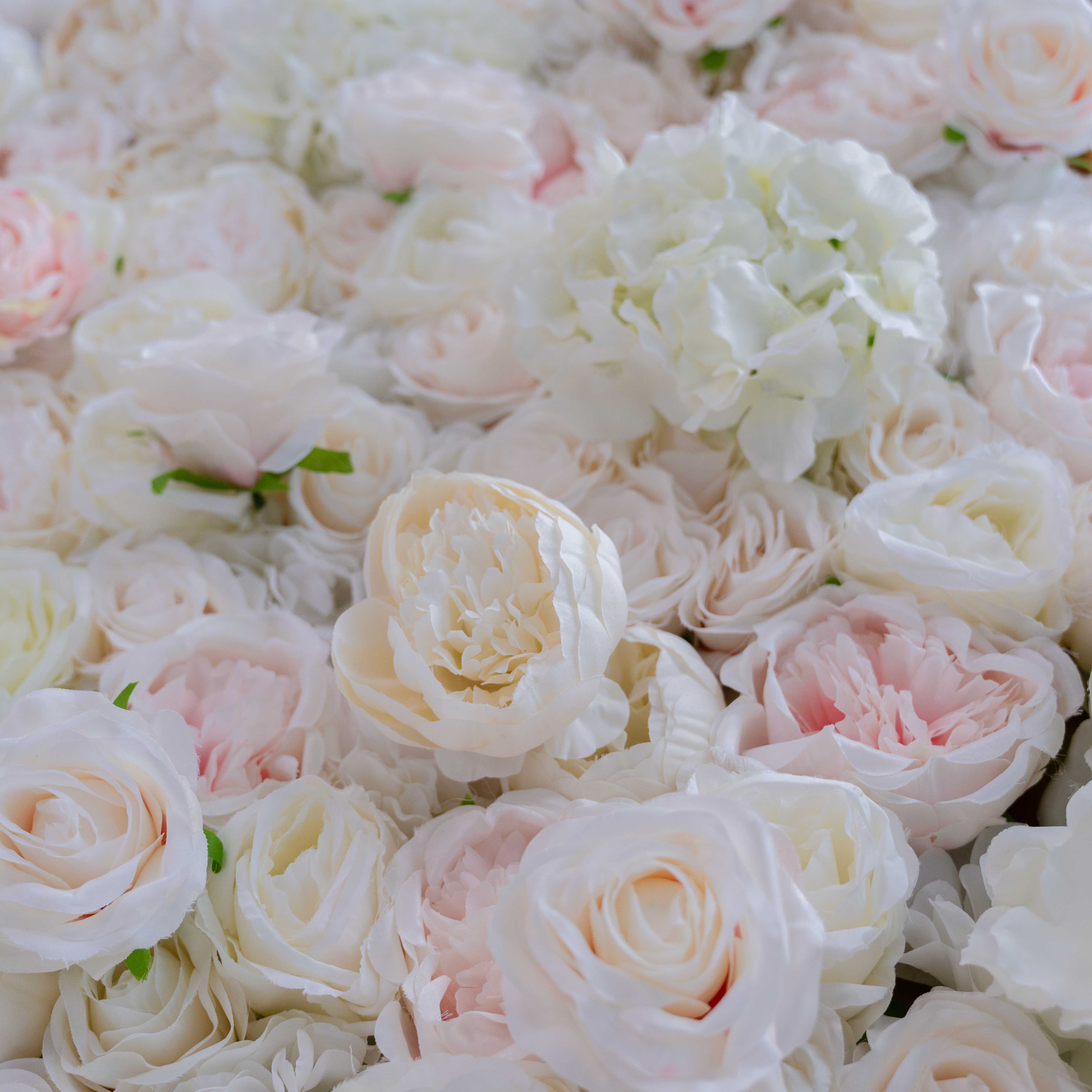 Valar Flower Roll Up Fabric Artificial Mixed White and Light Pink Rose Color Green Leaves Wall Wedding Backdrop, Floral Party Decor, Event Photography, Spa Decor-VF-090-2