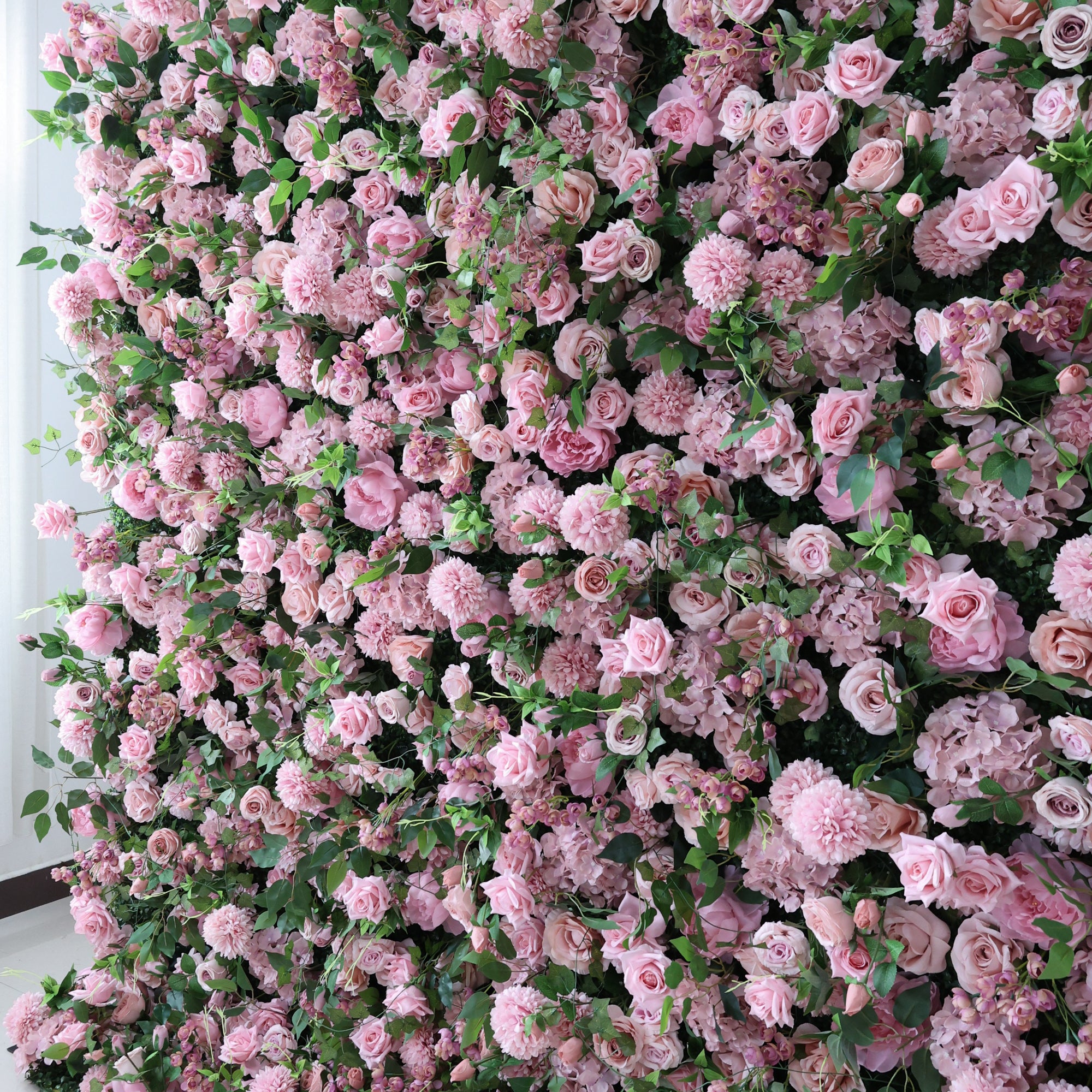 ValarFlower Blush Pink & Lush Green Floral Extravaganza Wall: A Romantic, Enchanting Masterpiece for Dreamy Celebrations VF-613