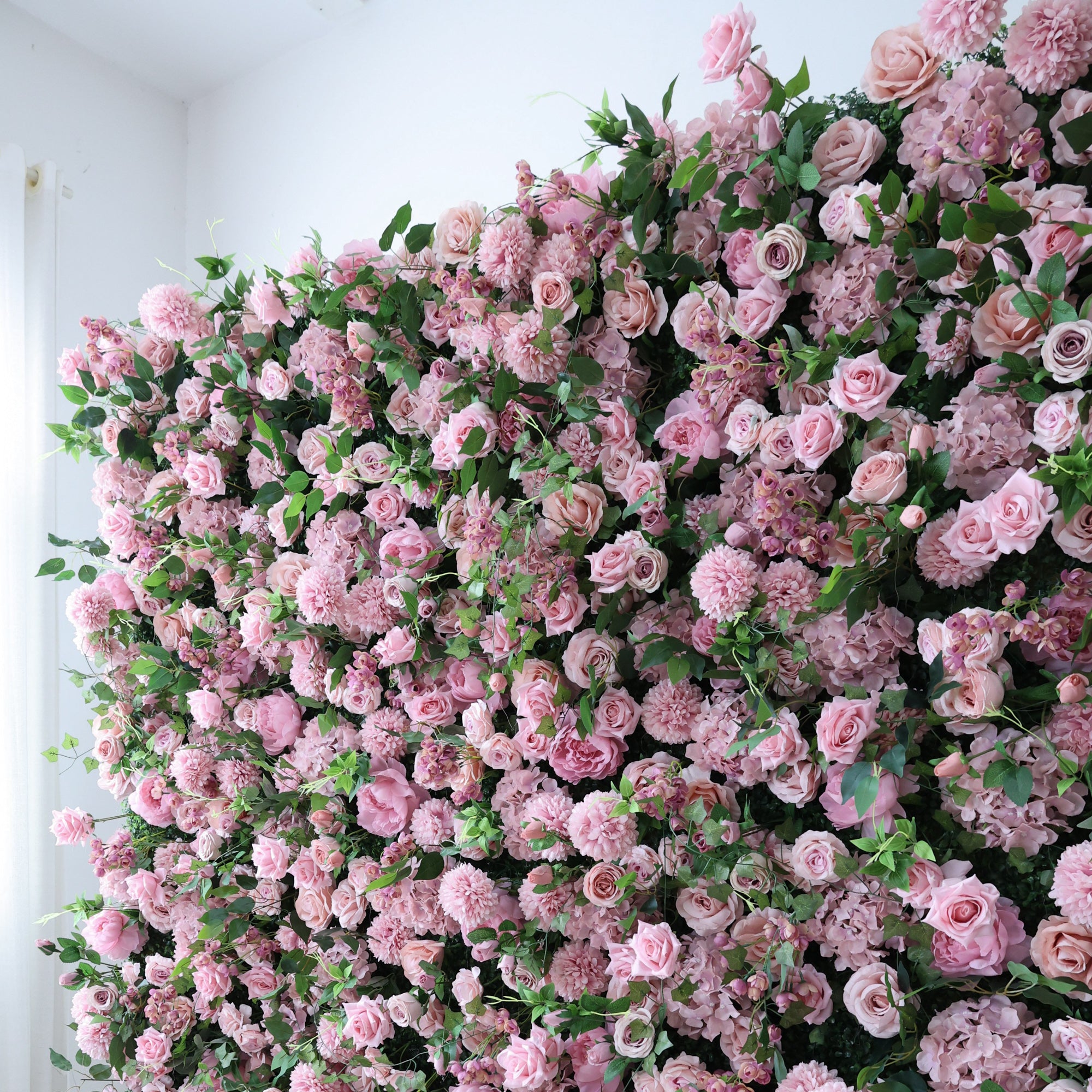 ValarFlower Blush Pink & Lush Green Floral Extravaganza Wall: A Romantic, Enchanting Masterpiece for Dreamy Celebrations VF-613