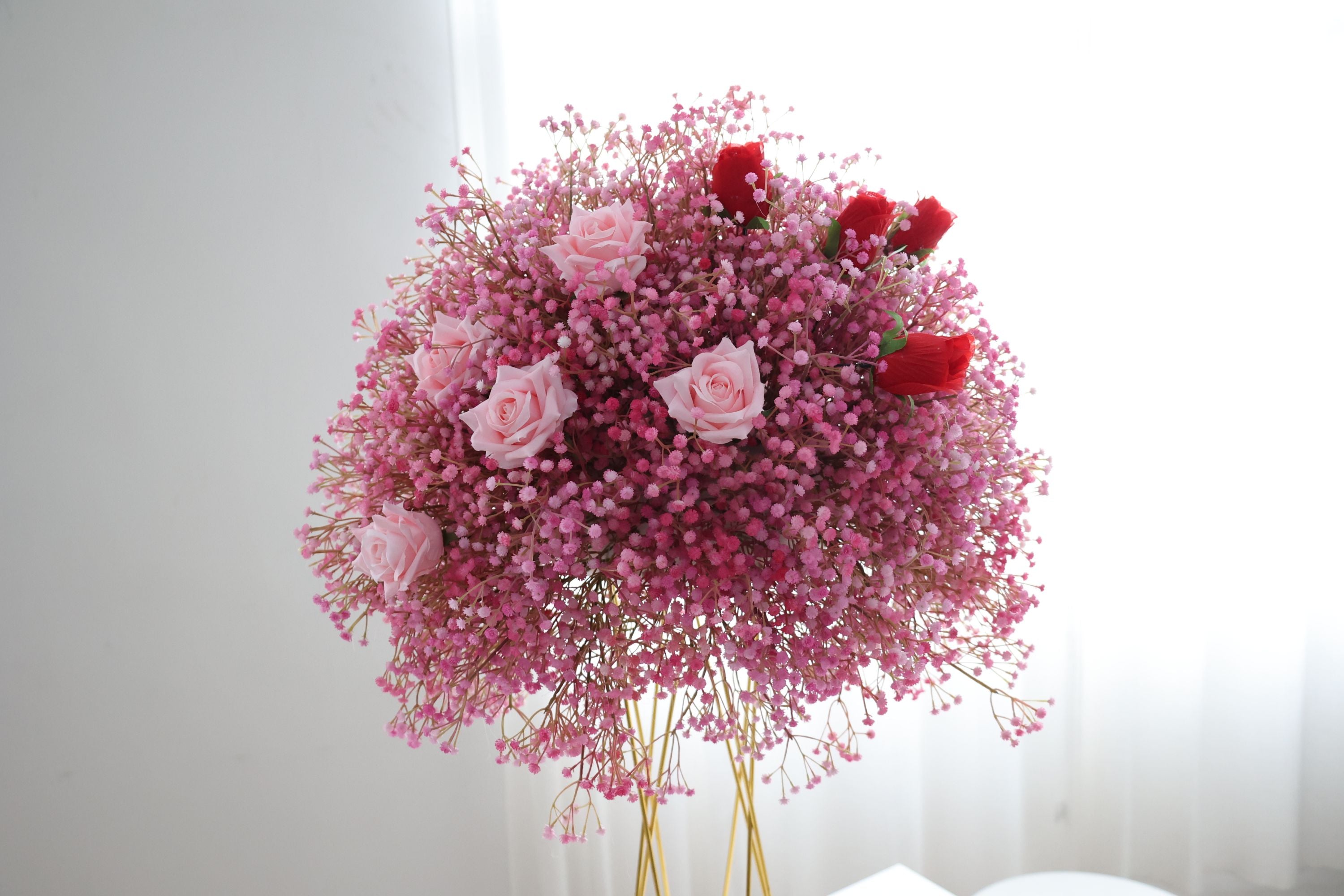 Blushing Harmony - Graceful Pink Roses Nestled in a Cloud of Pink Baby's Breath FB-040