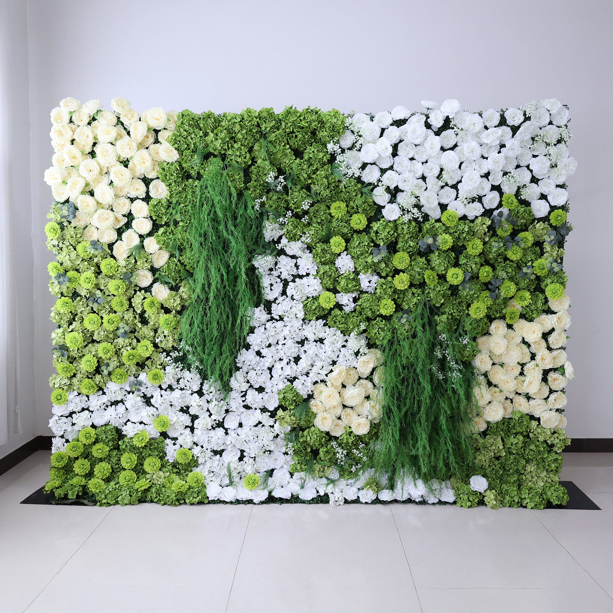 ValarFlower Lush Green & Crisp White Floral Extravaganza Wall: A Nature - Inspired, Serene Masterpiece for Elegant Celebrations VF-618