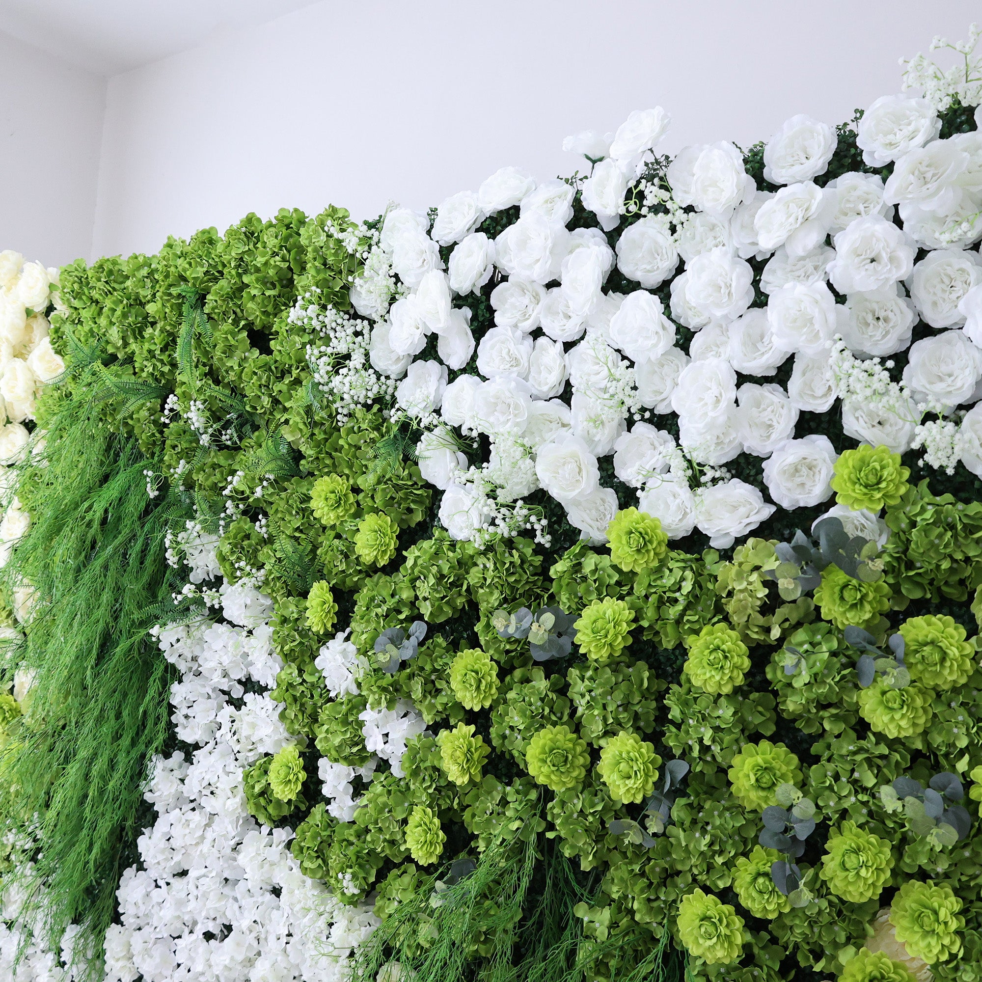 ValarFlower Lush Green & Crisp White Floral Extravaganza Wall: A Nature - Inspired, Serene Masterpiece for Elegant Celebrations VF-618