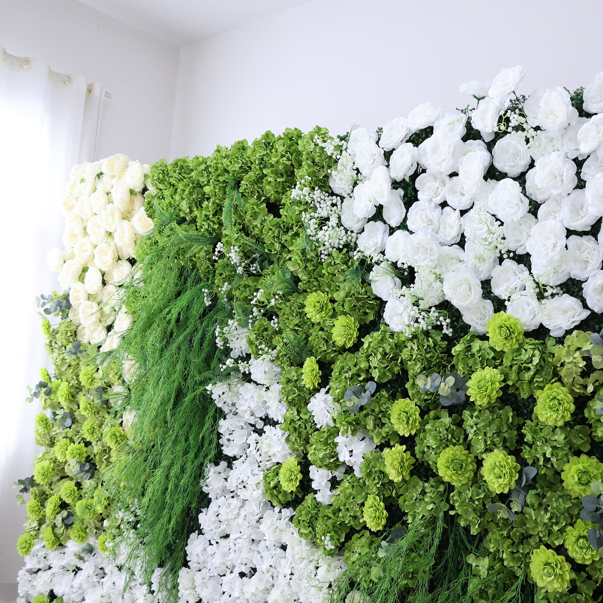 ValarFlower Lush Green & Crisp White Floral Extravaganza Wall: A Nature - Inspired, Serene Masterpiece for Elegant Celebrations VF-618