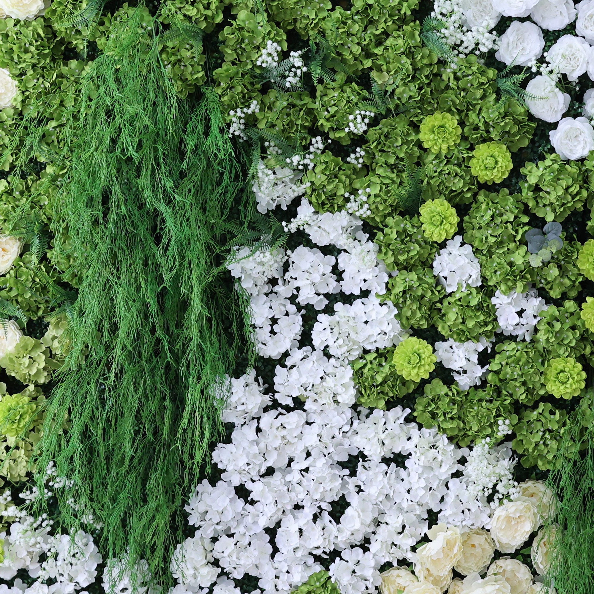 ValarFlower Lush Green & Crisp White Floral Extravaganza Wall: A Nature - Inspired, Serene Masterpiece for Elegant Celebrations VF-618
