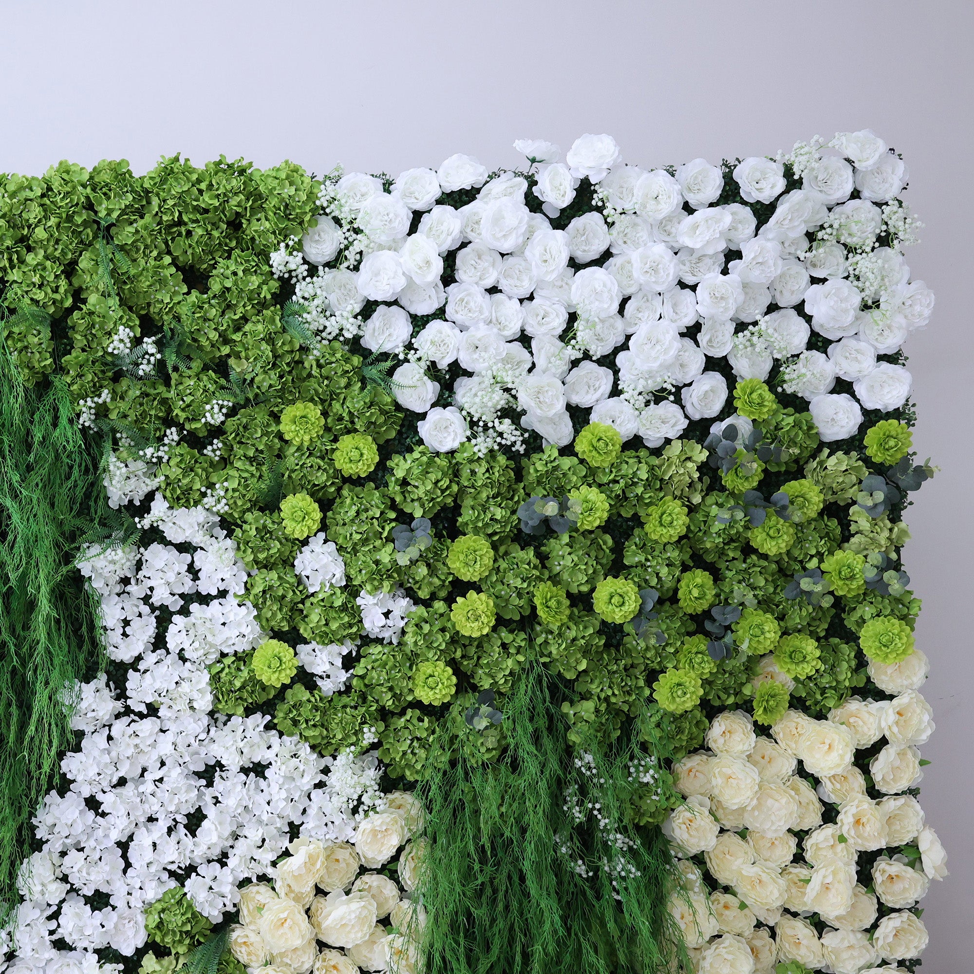 ValarFlower Lush Green & Crisp White Floral Extravaganza Wall: A Nature - Inspired, Serene Masterpiece for Elegant Celebrations VF-618