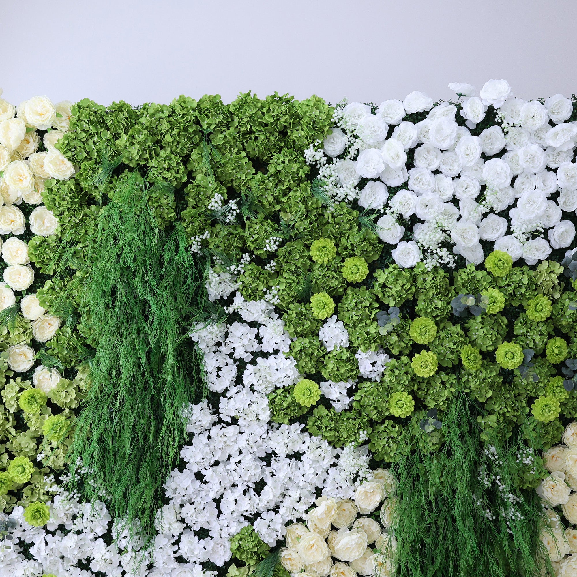 ValarFlower Lush Green & Crisp White Floral Extravaganza Wall: A Nature - Inspired, Serene Masterpiece for Elegant Celebrations VF-618