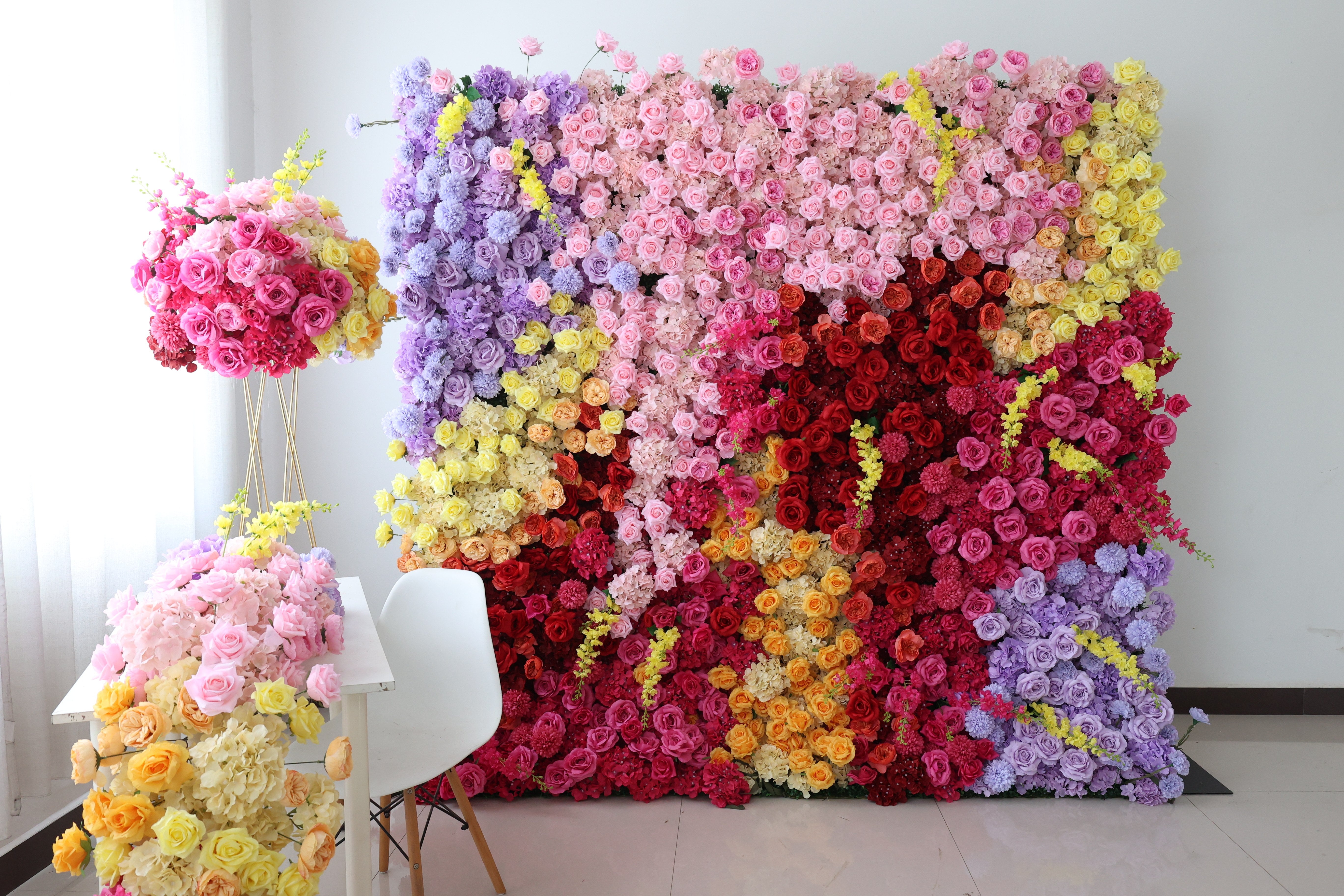 ValarFlower Colorful Artificial Flower Wall Backdrop, Rainbow Wedding Decor with Roses and Hydrangeas VF-672