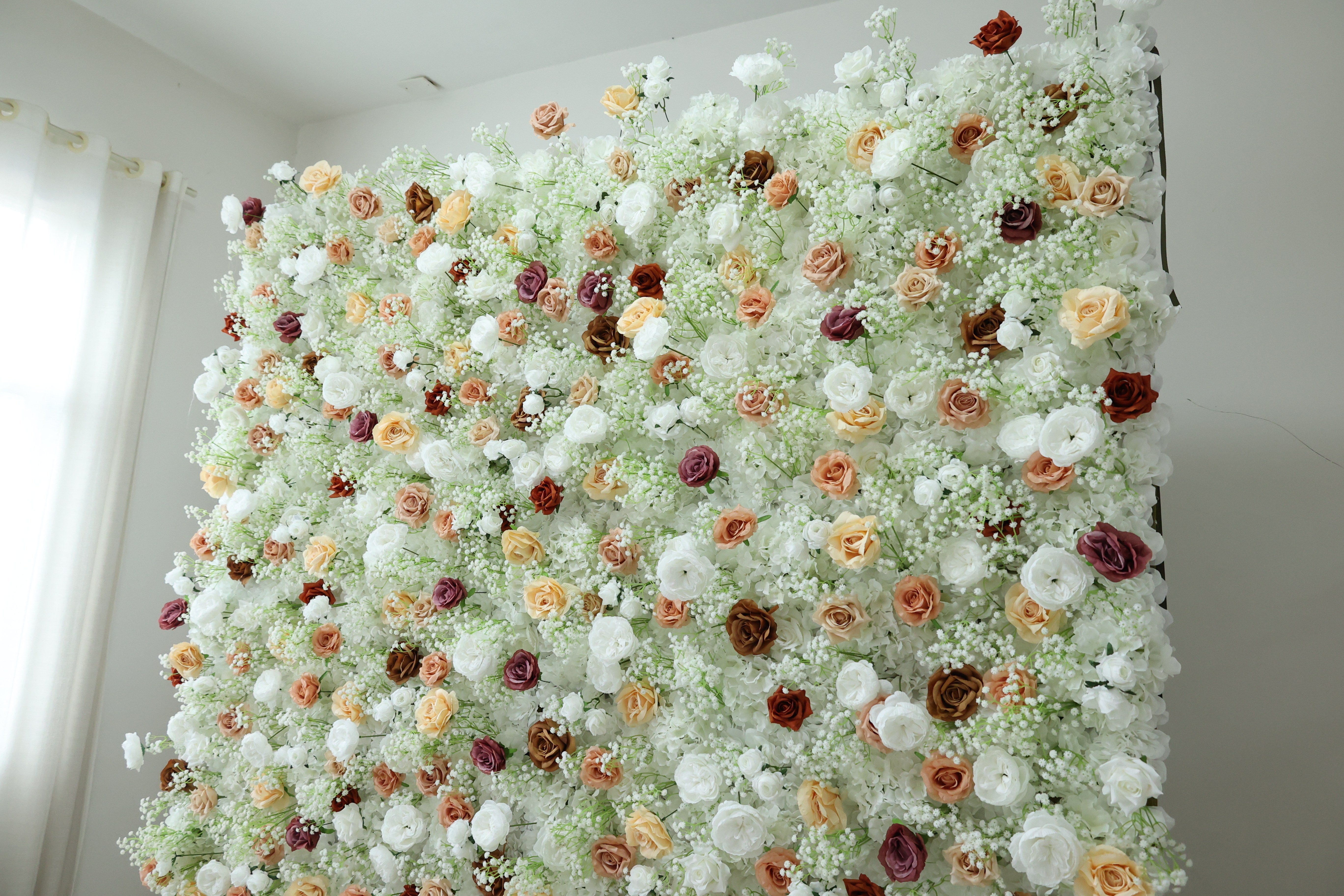ValarFlower Ivory White Artificial Flower Wall Backdrop, Elegant Wedding Decor with Champagne Rose Accents VF-682