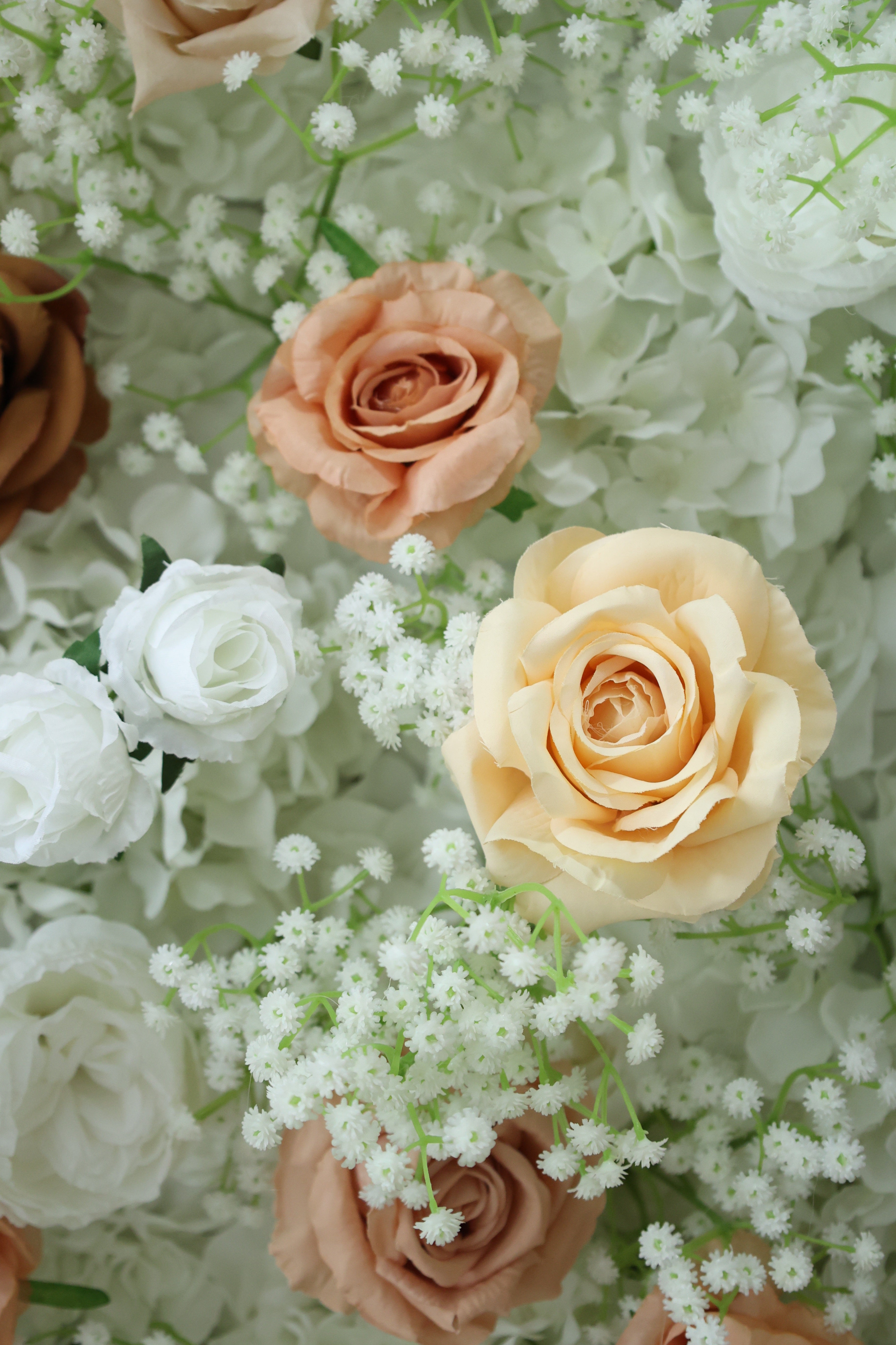 ValarFlower Ivory White Artificial Flower Wall Backdrop, Elegant Wedding Decor with Champagne Rose Accents VF-682