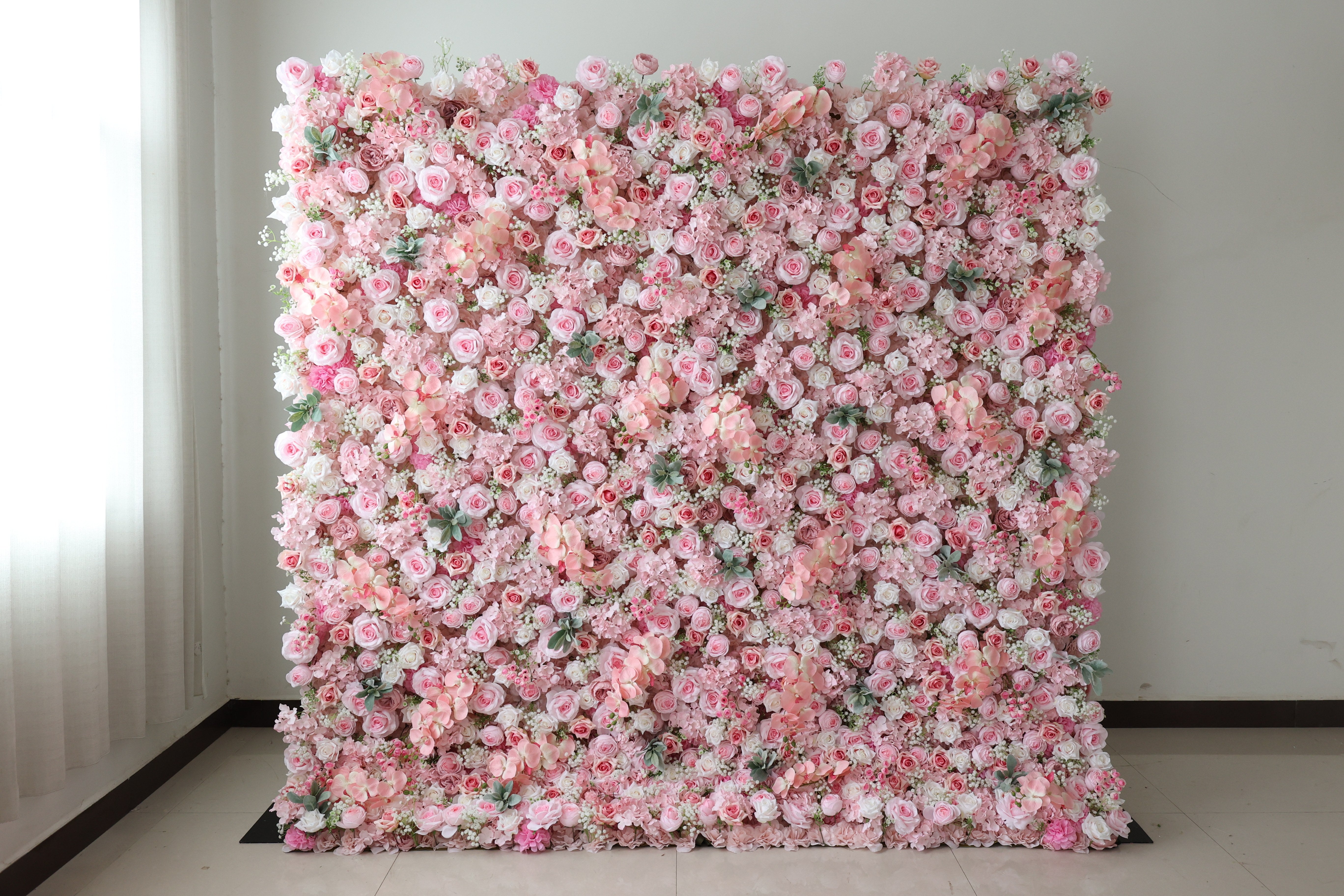 ValarFlower Pink Artificial Flower Wall Backdrop, Romantic Wedding Decor with Roses and Hydrangea Accents VF-689