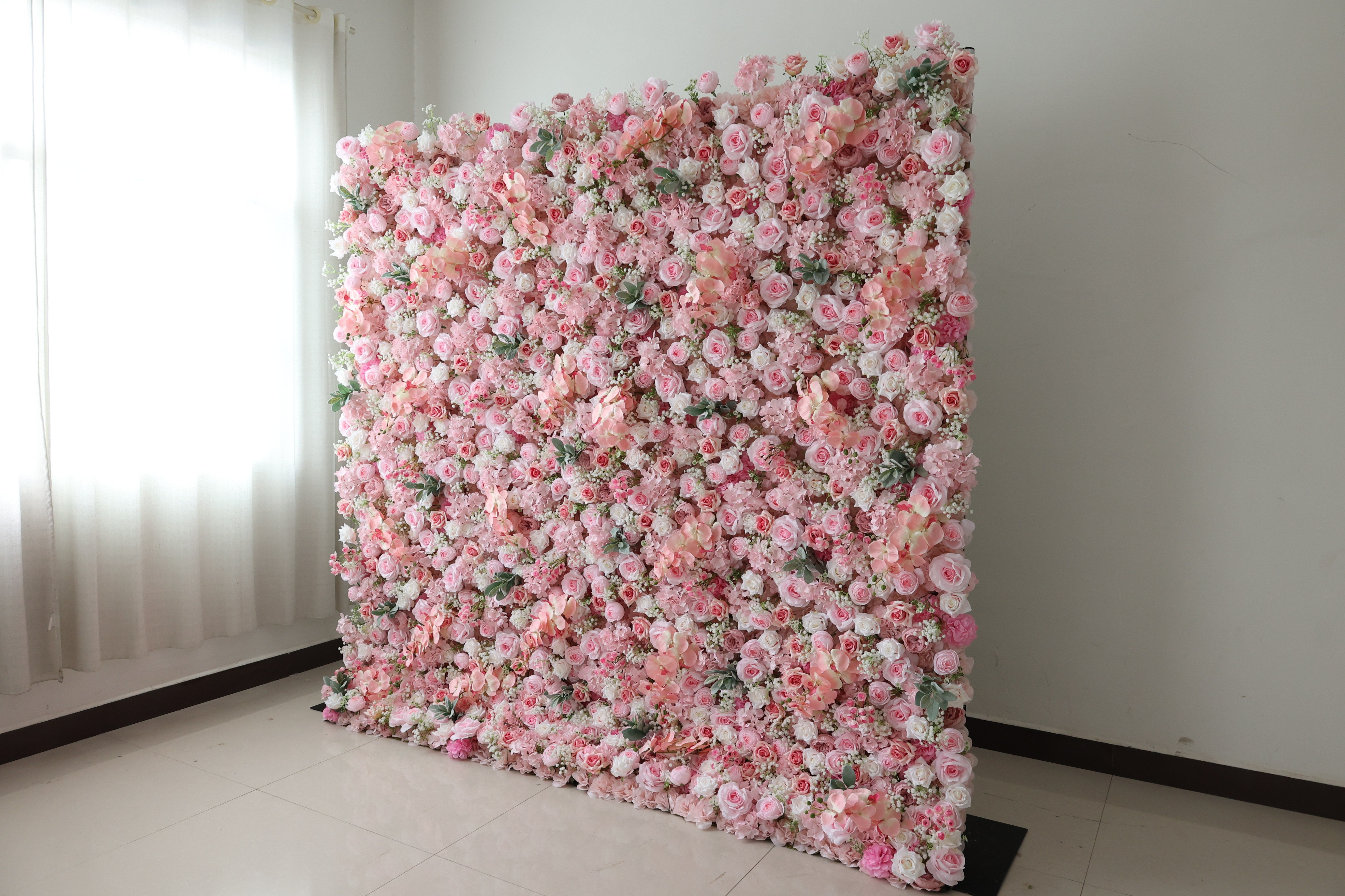 ValarFlower Pink Artificial Flower Wall Backdrop, Romantic Wedding Decor with Roses and Hydrangea Accents VF-689