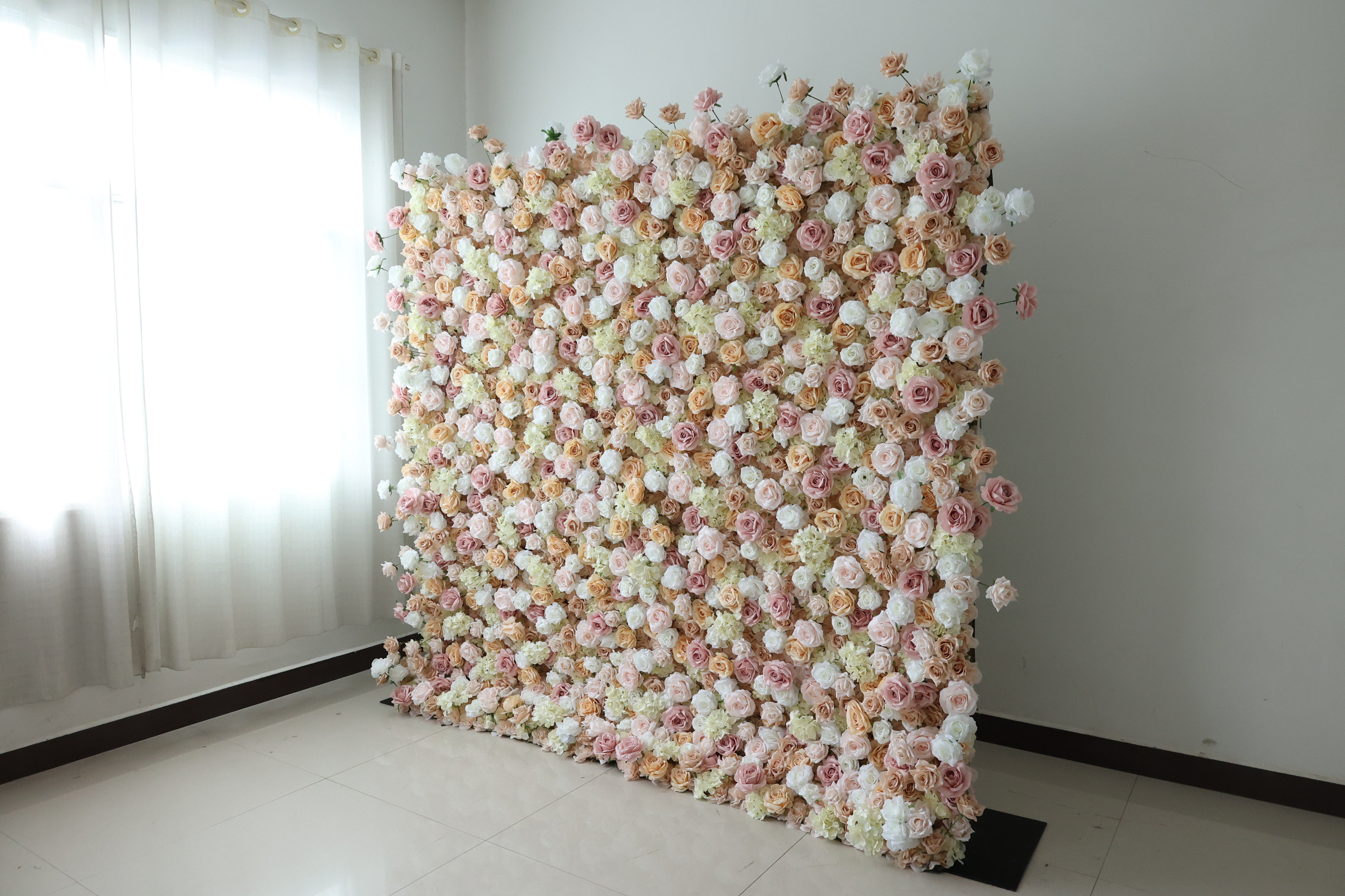 VValarFlower Blush Champagne Artificial Flower Wall Backdrop, Elegant Wedding Decor with Roses and Hydrangeas VF-691