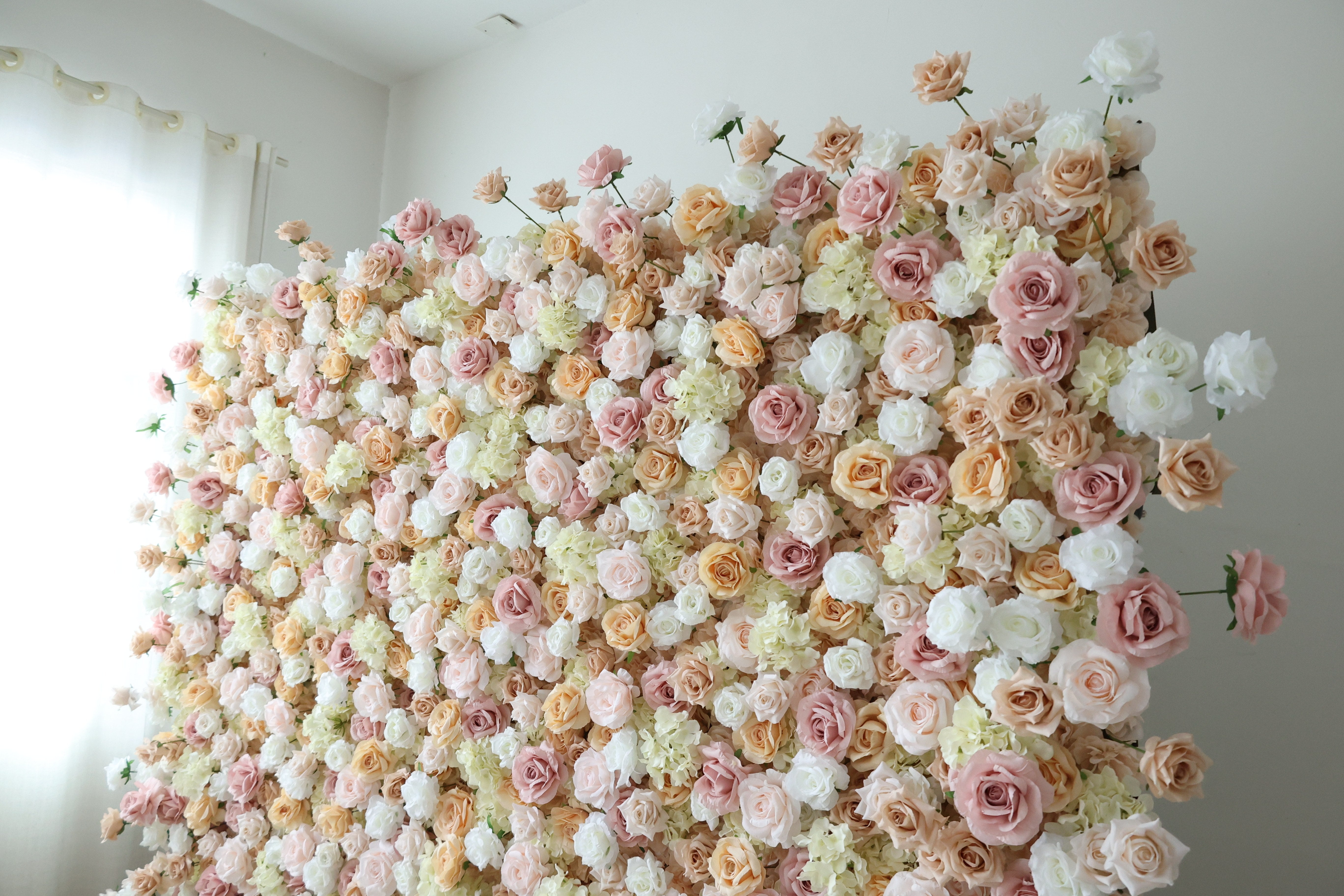 VValarFlower Blush Champagne Artificial Flower Wall Backdrop, Elegant Wedding Decor with Roses and Hydrangeas VF-691
