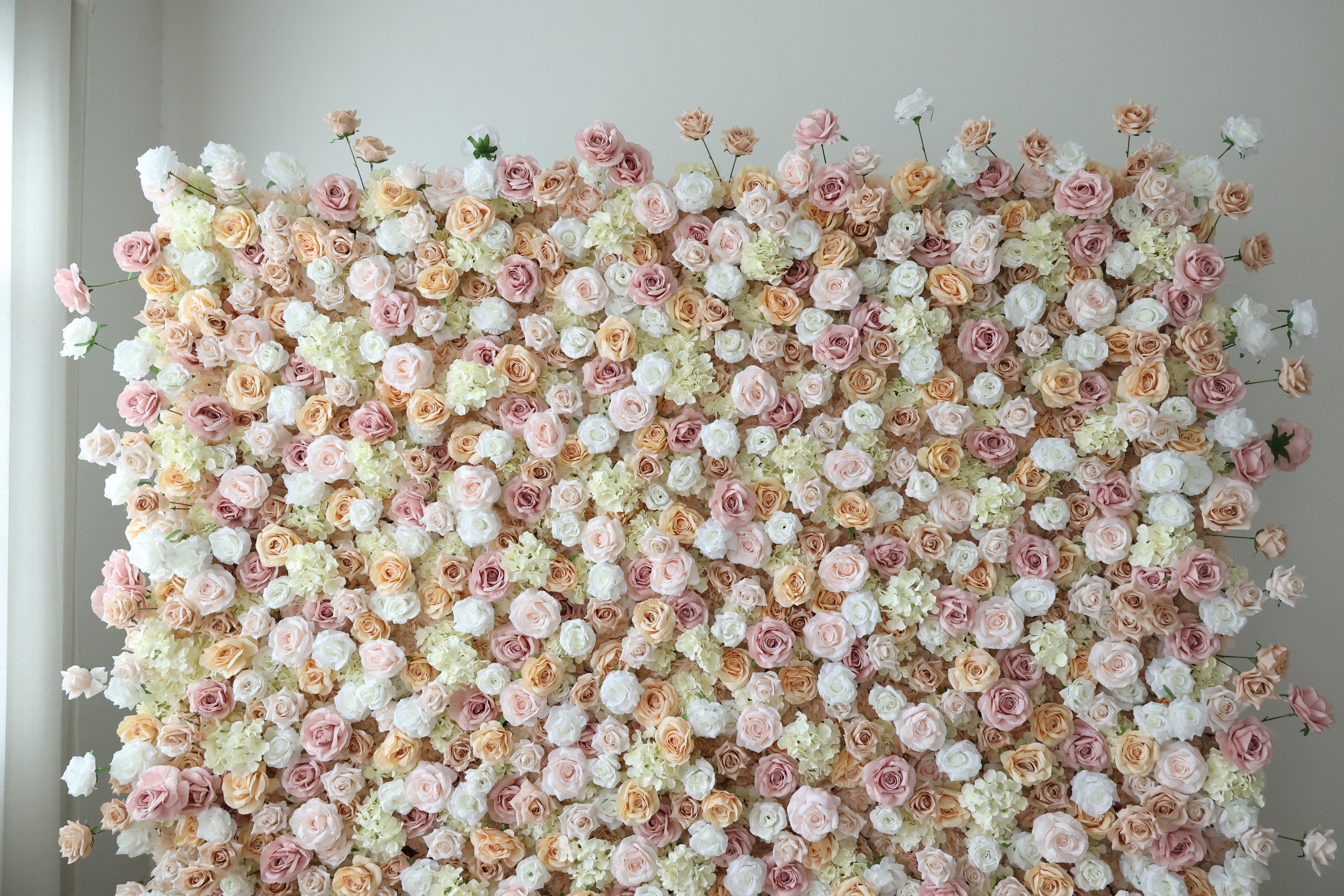 VValarFlower Blush Champagne Artificial Flower Wall Backdrop, Elegant Wedding Decor with Roses and Hydrangeas VF-691