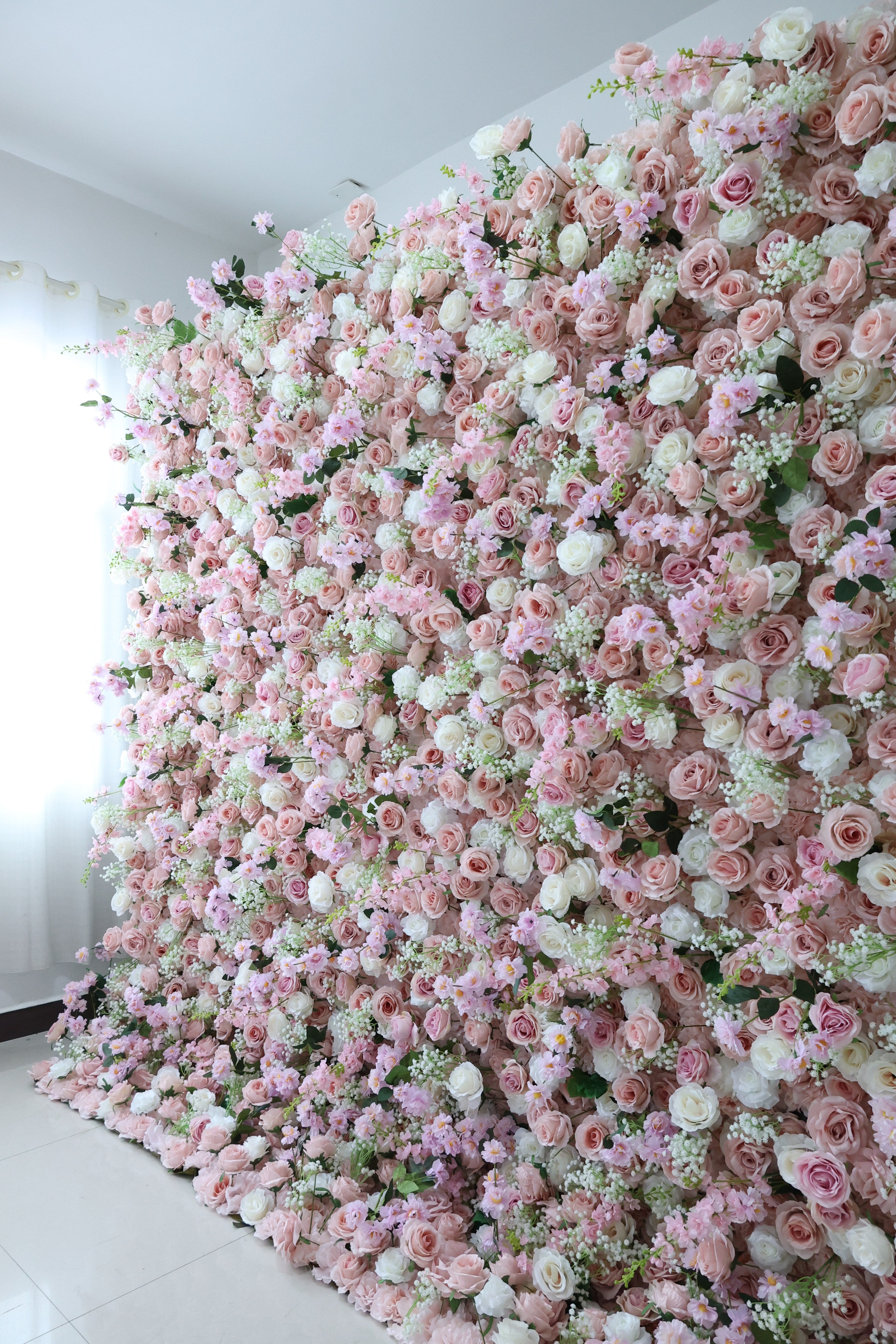 ValarFlower Blush Pink Artificial Flower Wall Backdrop, Romantic Wedding Decor with Roses and Baby’s Breath VF-692