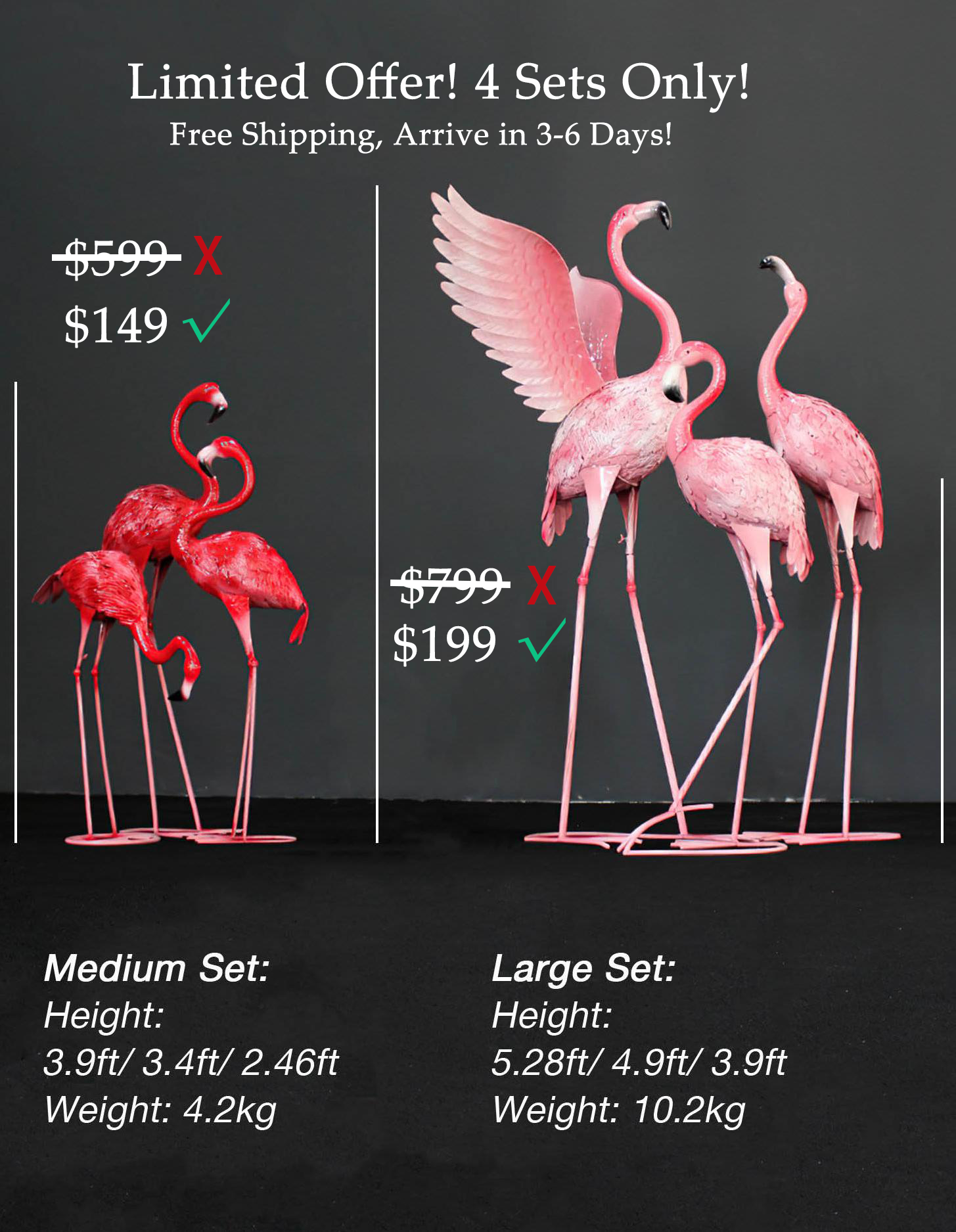 Elegant Flamingo Metal Yard Art Sculpture Set - Handcrafted 3-Piece Decorative Garden Statues