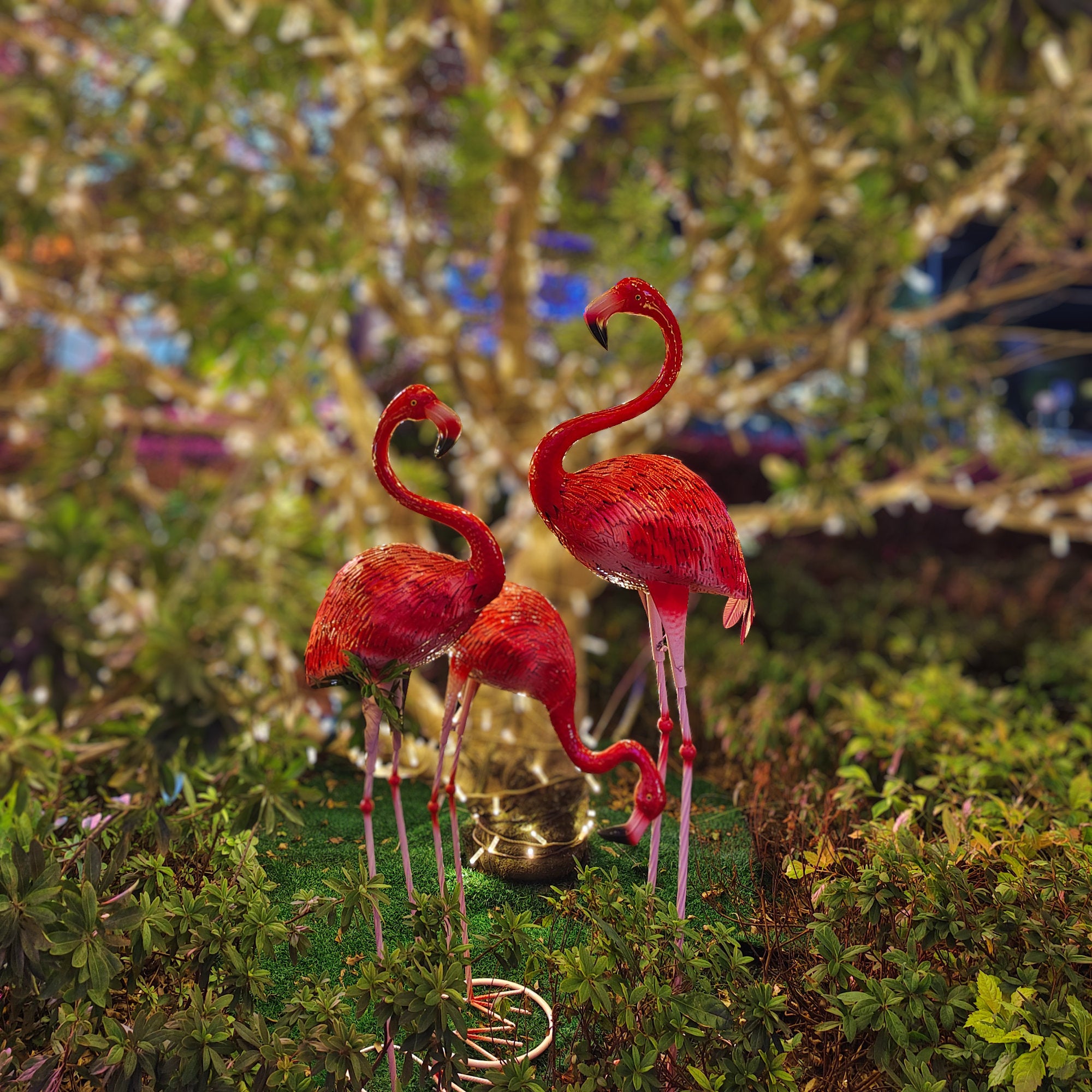 Elegant Flamingo Metal Yard Art Sculpture Set - Handcrafted 3-Piece Decorative Garden Statues