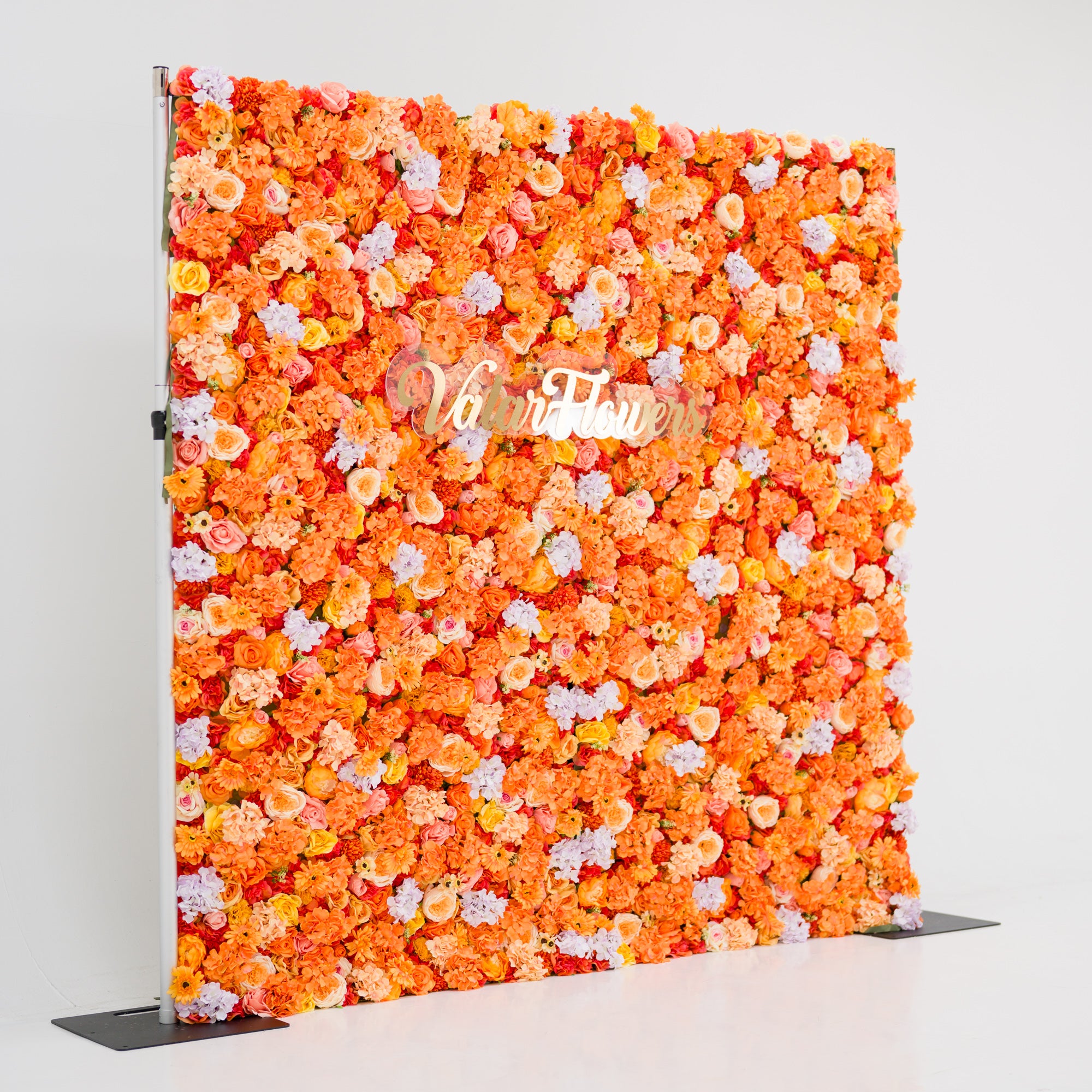 Valar 꽃 롤업 패브릭 인공 파파야 오렌지와 노란색 꽃 벽 웨딩 배경, 꽃 파티 장식, 이벤트 사진-VF-060