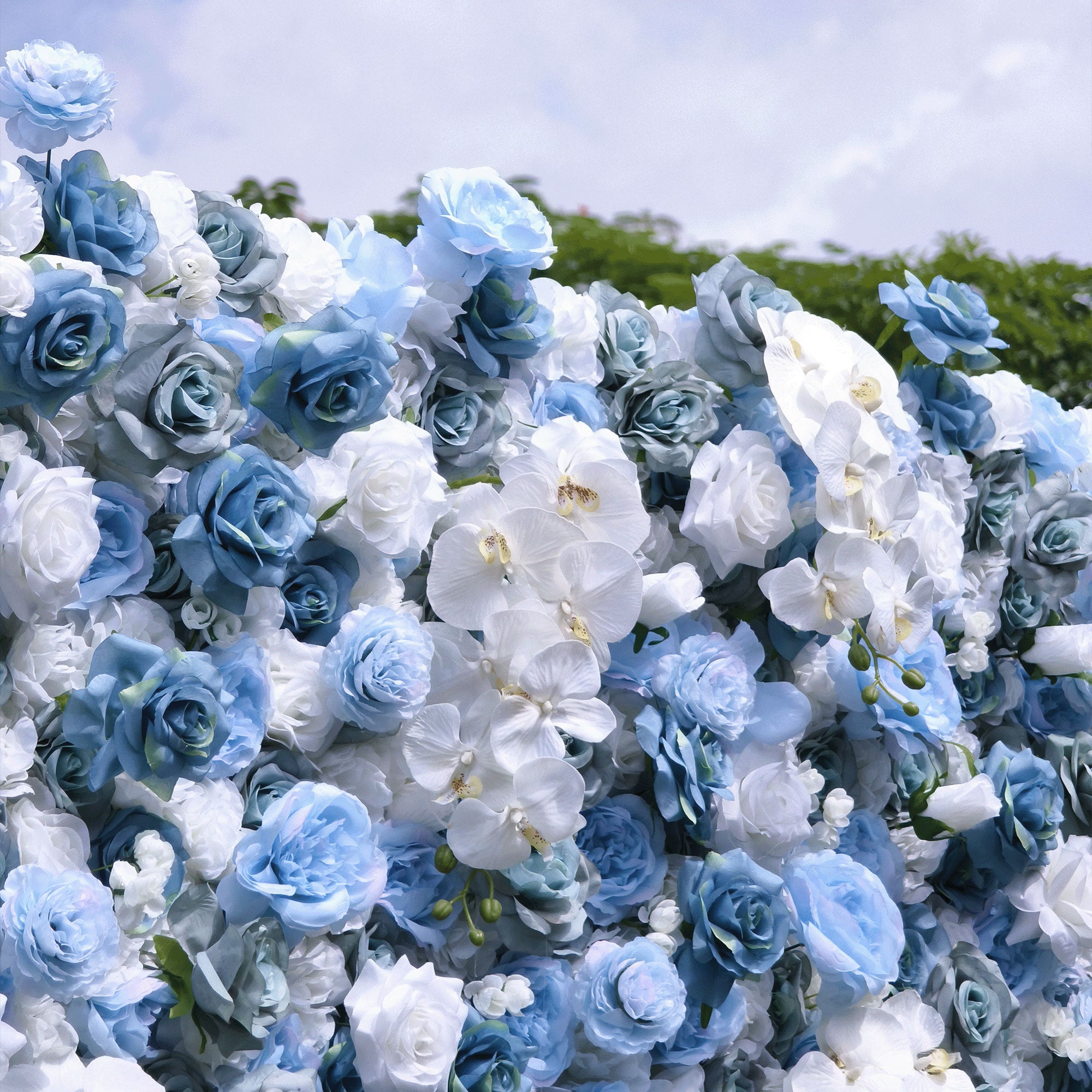 Elegant artificial flower wall featuring a blend of blue and white roses, set outdoors with greenery in the background, ideal for serene event decor. VF-348-3