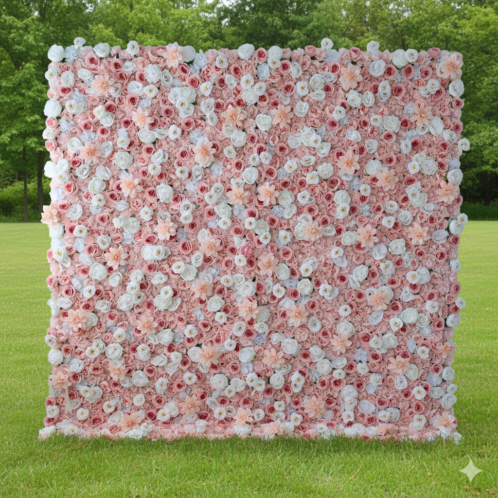 ValarFlower Blush Pink & Soft White Floral Extravaganza Wall: A Dreamy, Romantic Masterpiece for Enchanting Celebrations VF-553