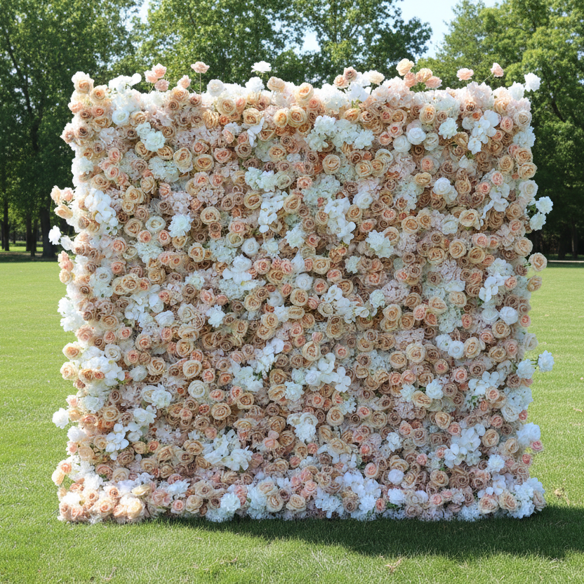 ValarFlower Champagne & Ivory Floral Extravaganza Wall: A Timeless, Elegant Masterpiece for Sophisticated Celebrations VF-607