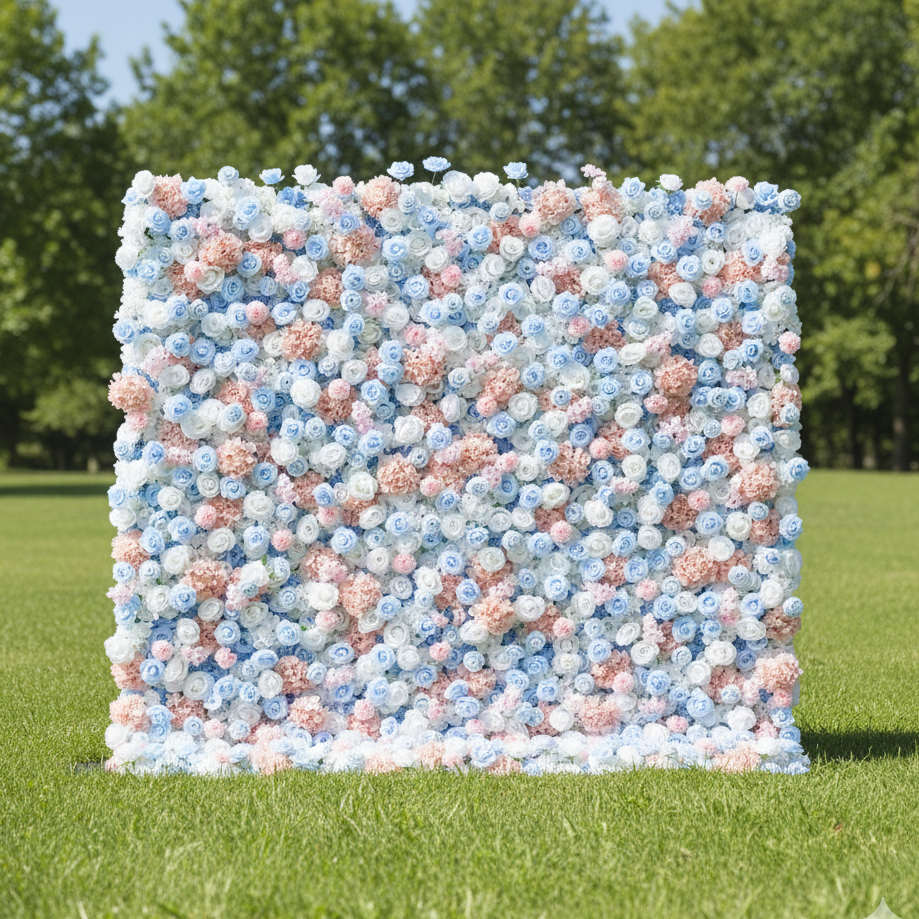 ValarFlower Pastel Blue & Blush Pink Floral Extravaganza Wall: A Dreamy, Elegant Masterpiece for Whimsical Celebrations VF-617