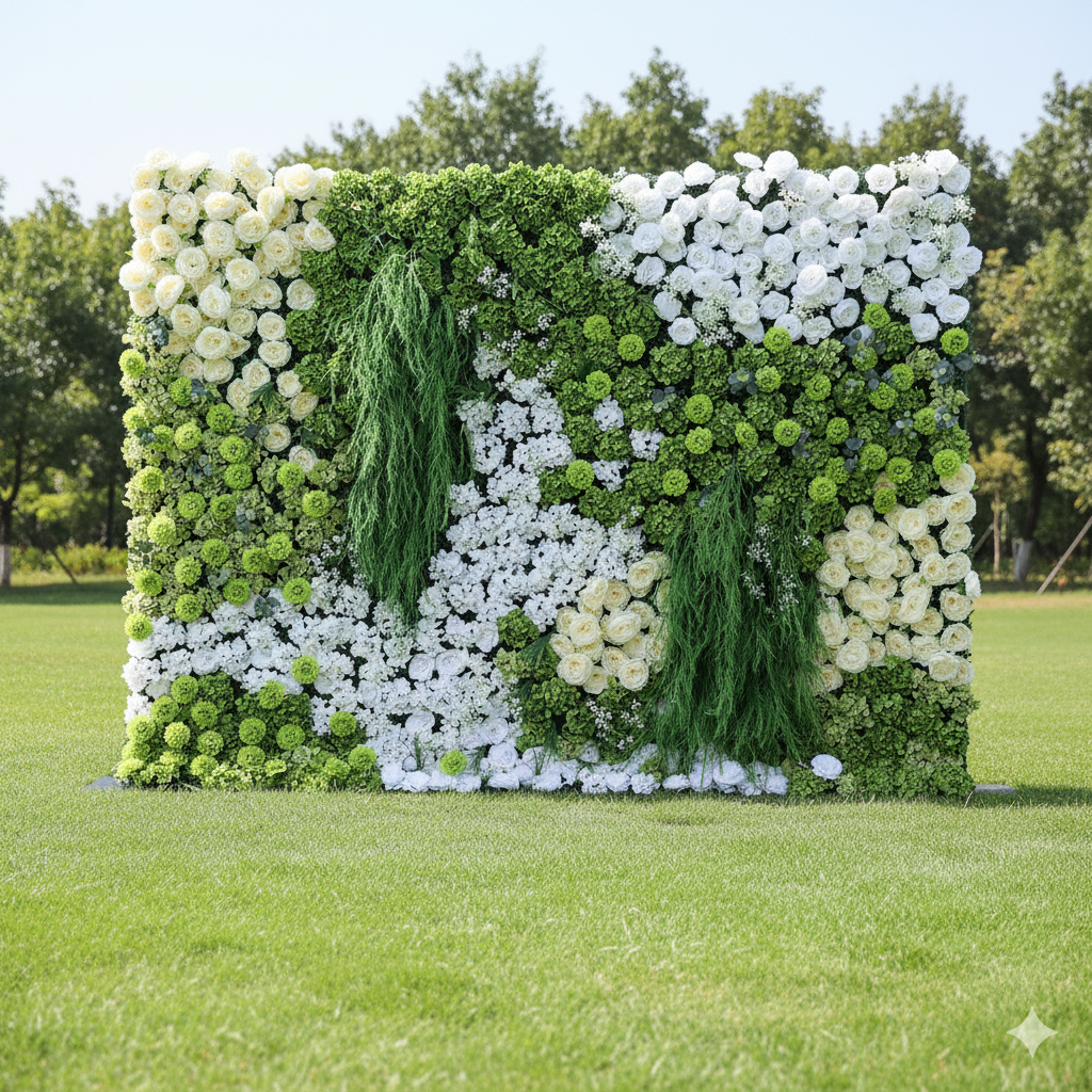 ValarFlower Lush Green & Crisp White Floral Extravaganza Wall: A Nature - Inspired, Serene Masterpiece for Elegant Celebrations VF-618
