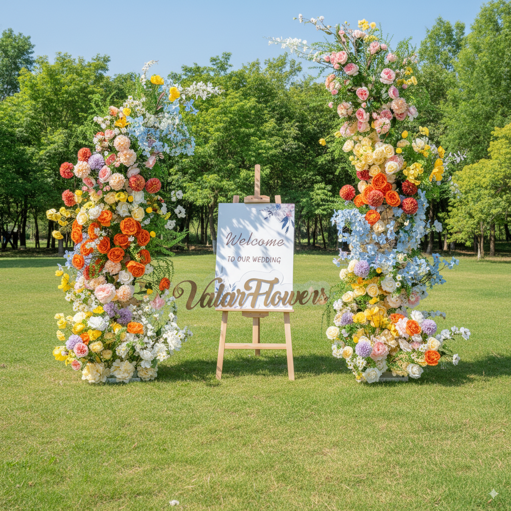 Valar Flower Bright Floral Arch Columns – Free-Standing Faux Flower Set for Events & Photo Backdrop VA-375