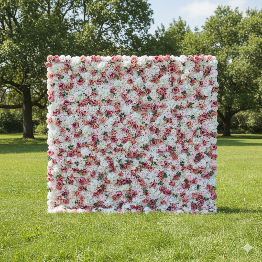 ValarFlower Artificial Floral Wall Backdrop: Rosas en Ensueño: Una Paleta Pastel de Rosa y Perla-VF-284