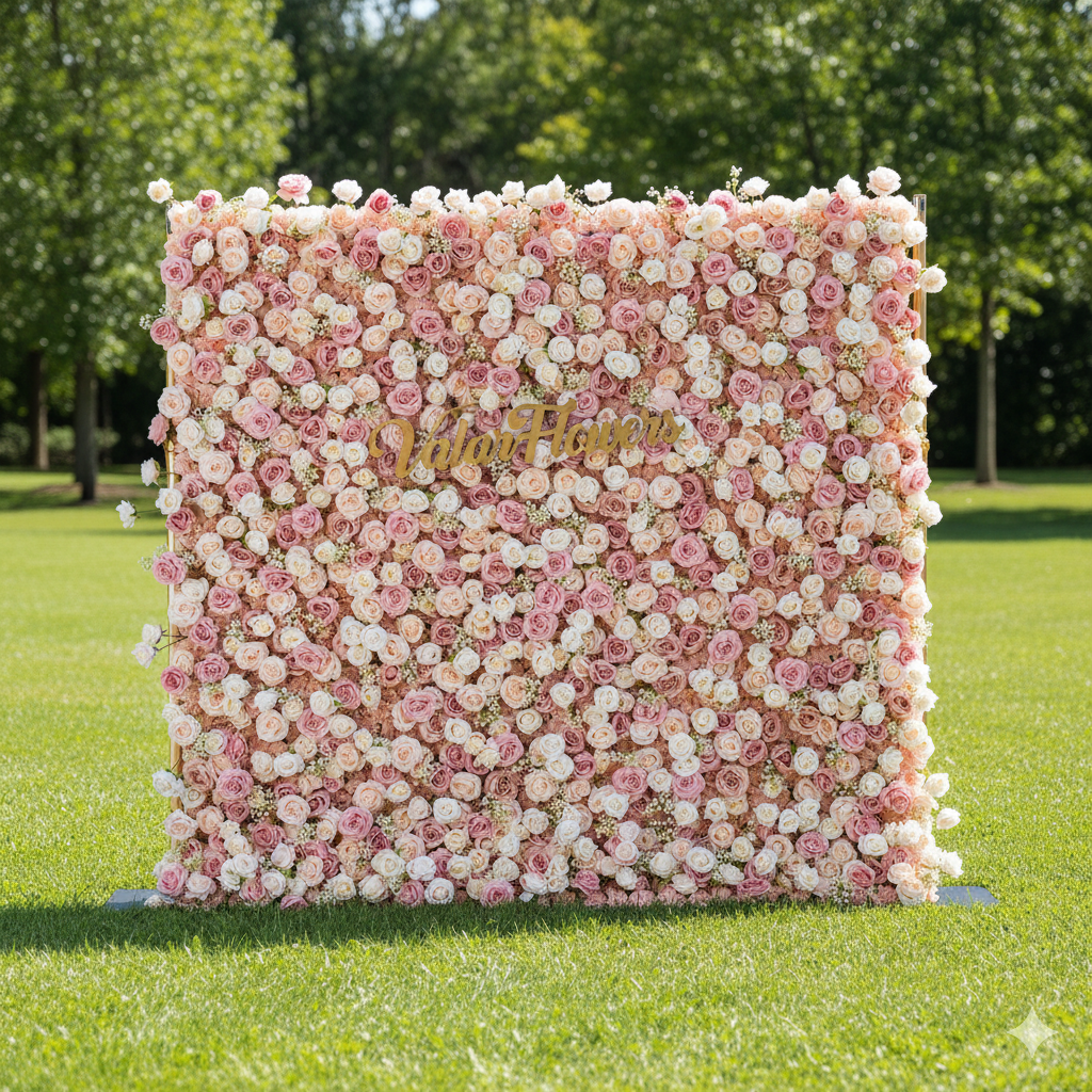ValarFlower 3D Roll Up Artificial Pink & White Flower Wall Backdrop For Wedding and Event Decoration VF-535