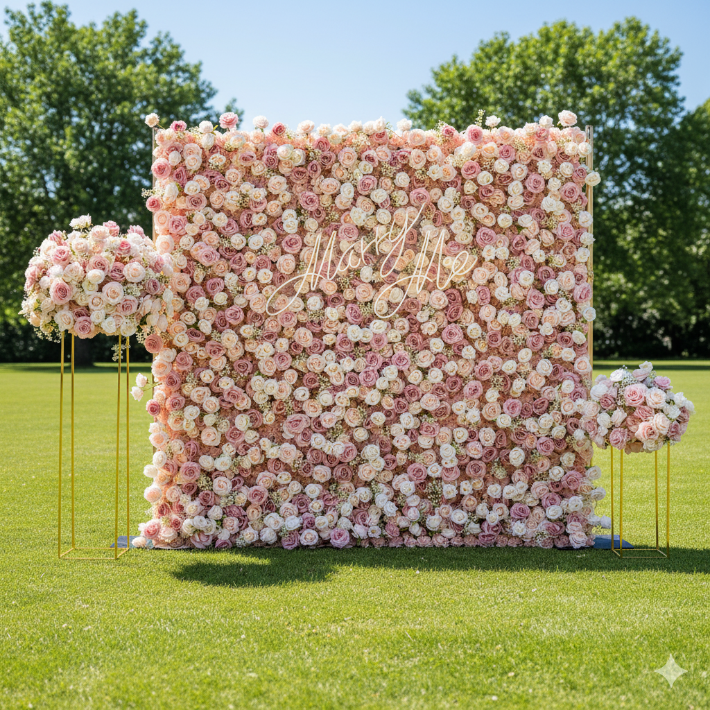 ValarFlower 3D Roll Up Artificial Pink & White Flower Wall Backdrop For Wedding and Event Decoration VF-535