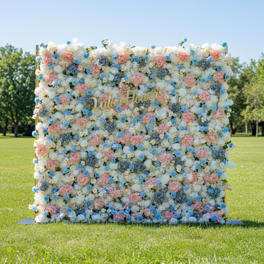 ValarFlower Pastel Blue, Pink and White Floral Backdrop: A Dreamy Elegance for Weddings and Special Occasions And Proposals and Outdoor Events and Photography VF-826