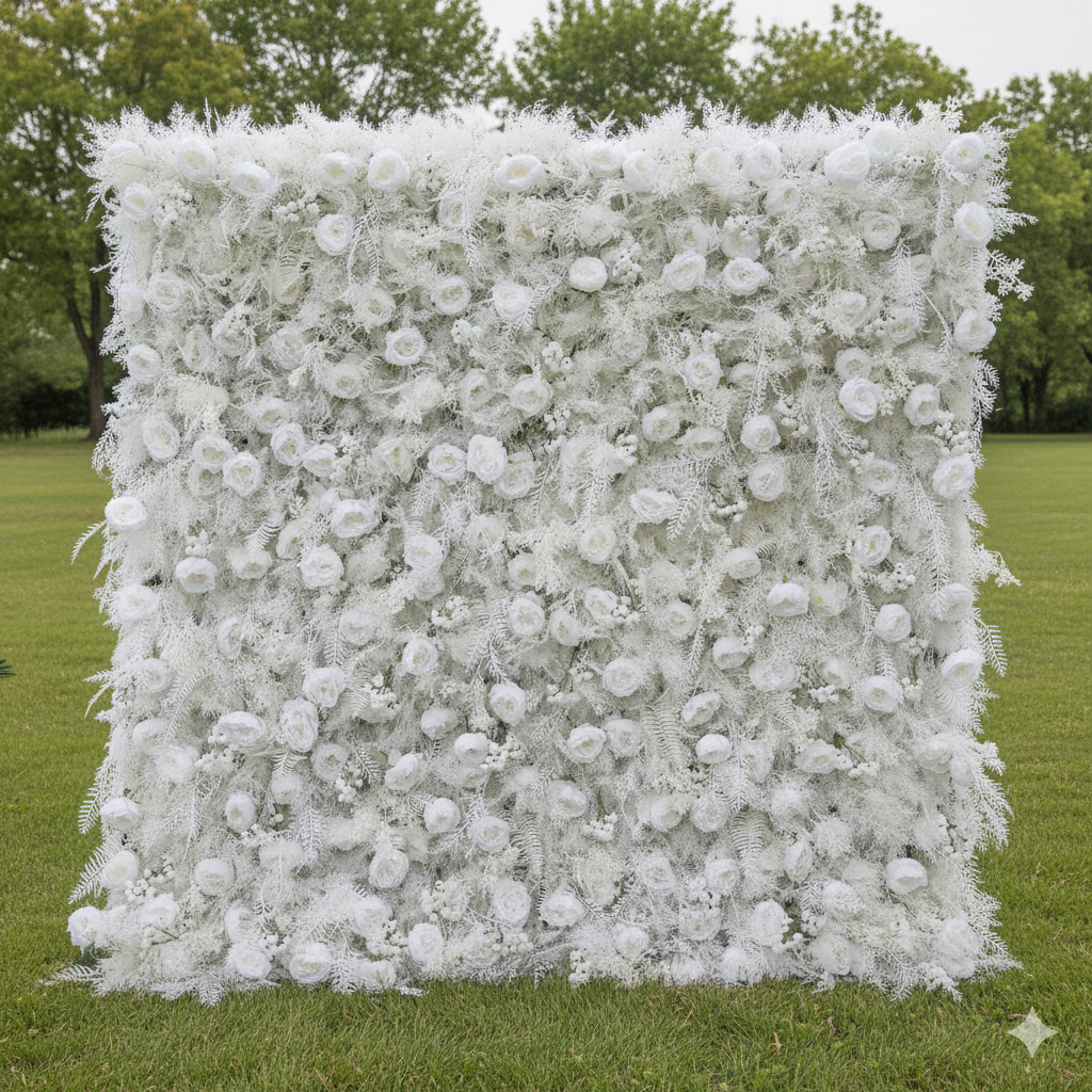 Valar Flowers Snowy White Floral Wall with Frosty Fern Accents: Capturing Winter's Essence for Luxe EventsVF-202