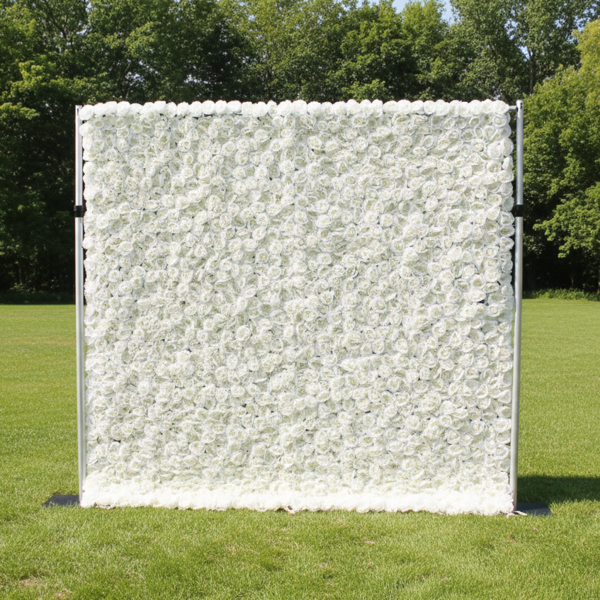 Valar Flowers Roll Up Fabric Artificial White Roses Flower Wall Wedding Backdrop, Floral Party Decor, Event Photography-VF-026