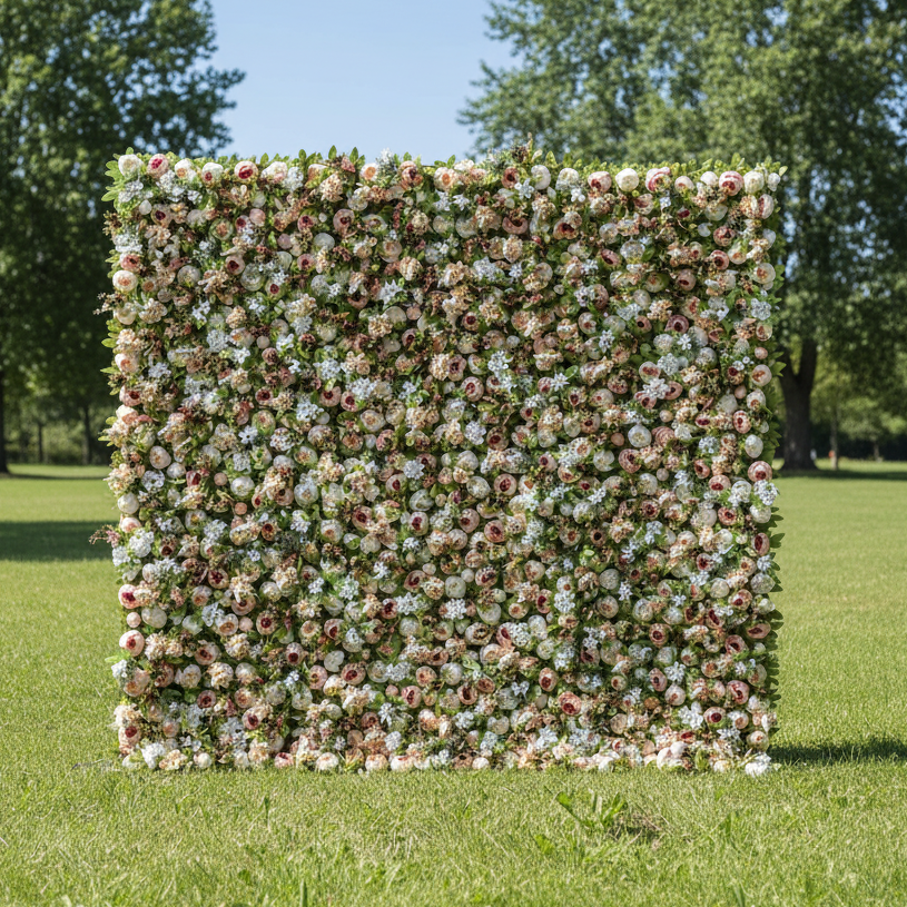 Valar Flowers Roll Up Fabric Artificial Green Mix Orangy Red and White Flower Wall Wedding Backdrop, Floral Party Decor, Event Photography-VF-049-2