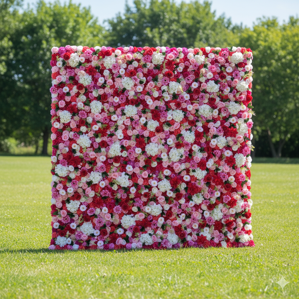 Valar Flowers Roll Up Fabric Artificial Mix Rose Red White and Pink Flower Wall Wedding Backdrop, Floral Party Decor, Event Photography-VF-042