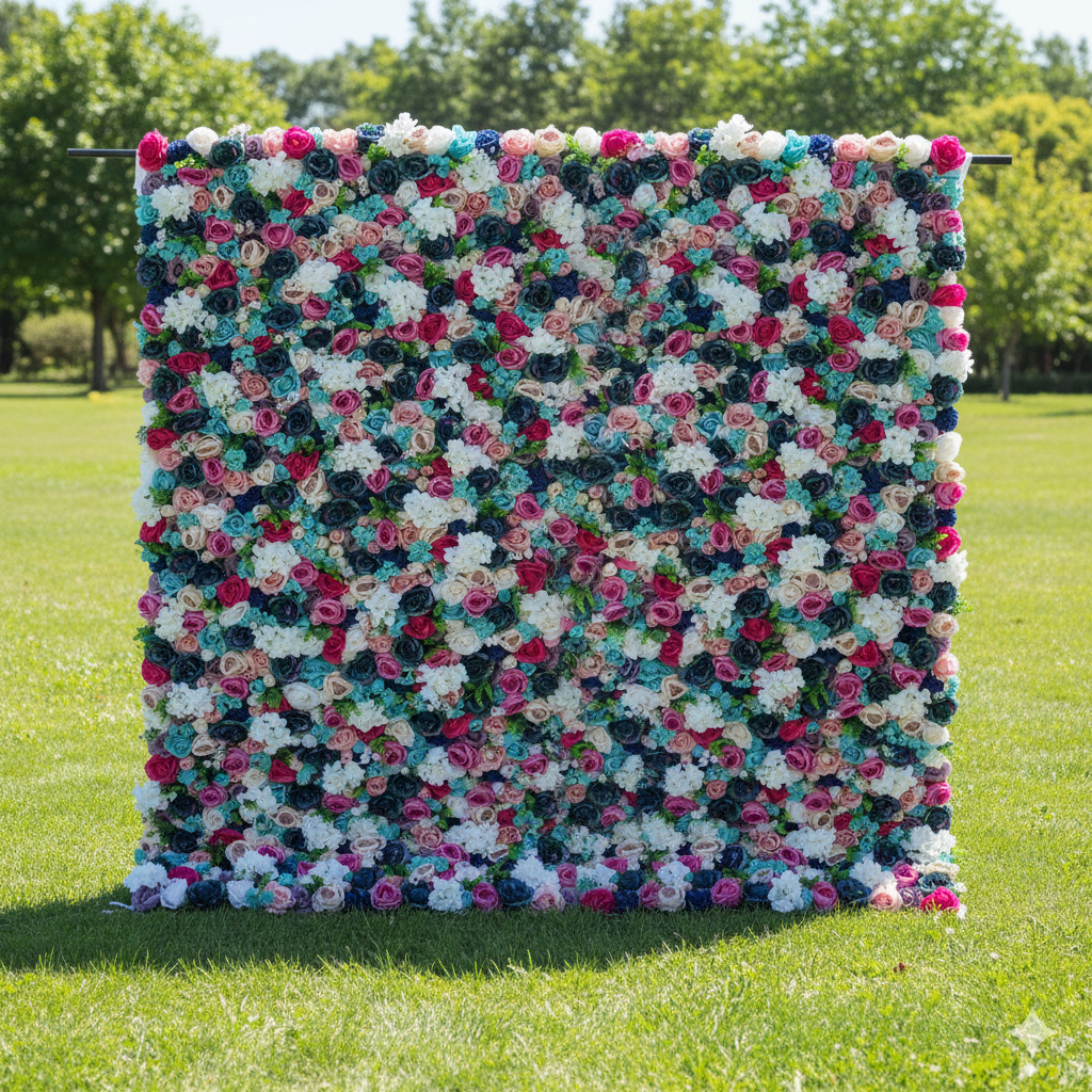 Valar Flowers Roll Up Fabric Artificial Mix Purple White Rose Red and Blue Flower Wall Wedding Backdrop, Floral Party Decor, Event Photography-VF-037