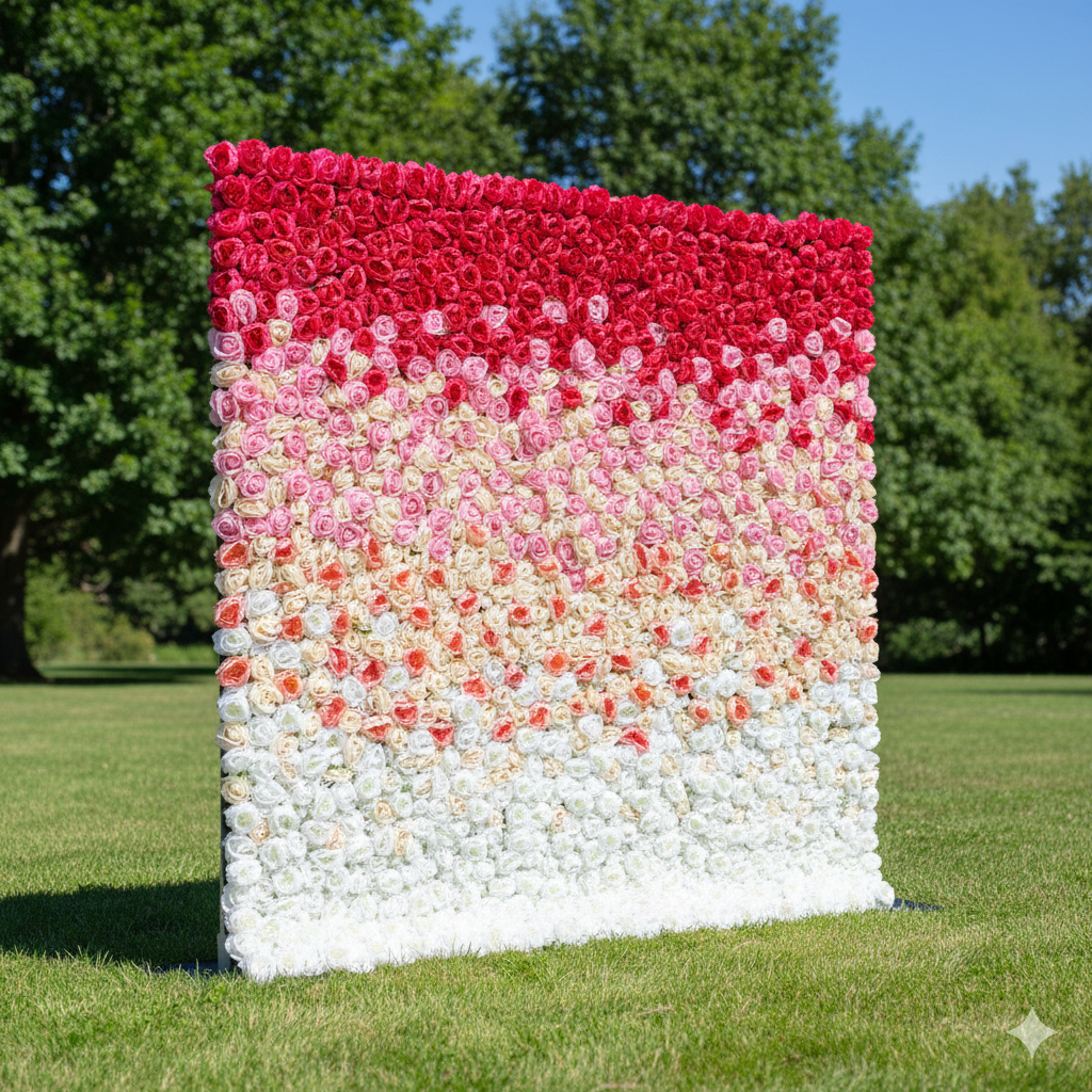 Valar Flowers Roll Up Fabric Artificial Gradient Red to White Flower Wall Wedding Backdrop, Floral Party Decor, Event Photography-VF-035