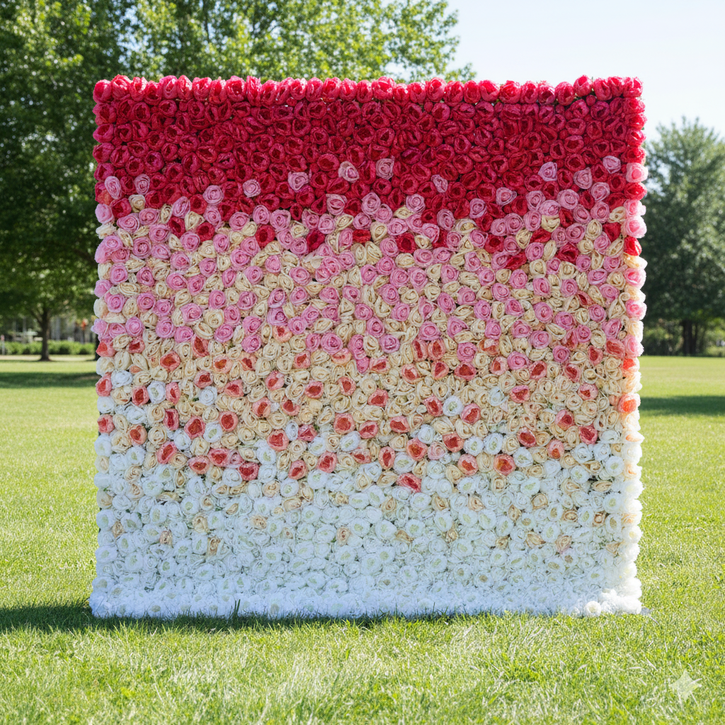 Valar Flowers Roll Up Fabric Artificial Gradient Red to White Flower Wall Wedding Backdrop, Floral Party Decor, Event Photography-VF-035
