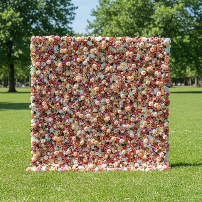 Valar Flowers Roll Up Fabric Artificial Mixed of Petite Orchid, Grape, Desert Sand, Dark Sienna Flowers Carpet Flower Wall Wedding Backdrop, Floral Party Decor, -VF-023